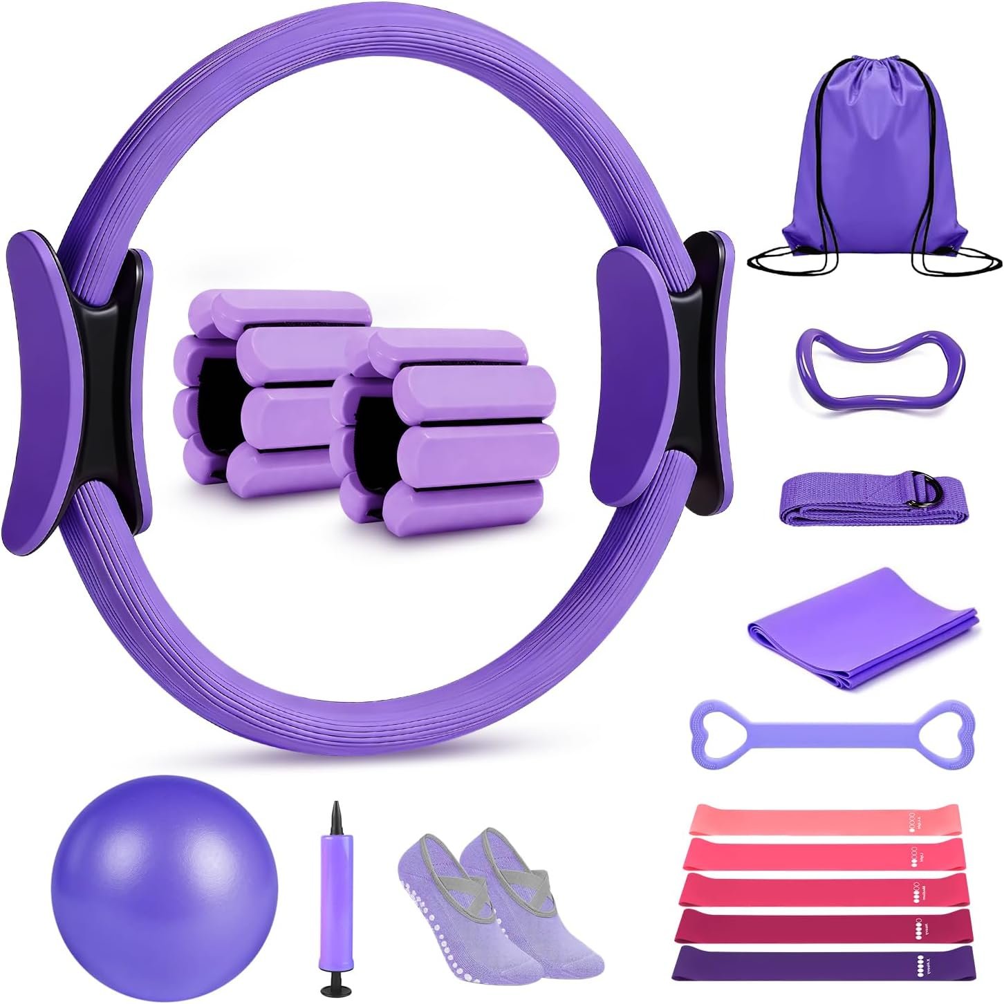 Pilates Ring Set 15 PCS, Home Pilates Essentials Kit for Women, 12″ Pilates Ring and 9″ Ball Set, Pilates Kit with Ankle Weights 2LB, Resistance Bands, for Toning & Better Me Gifts