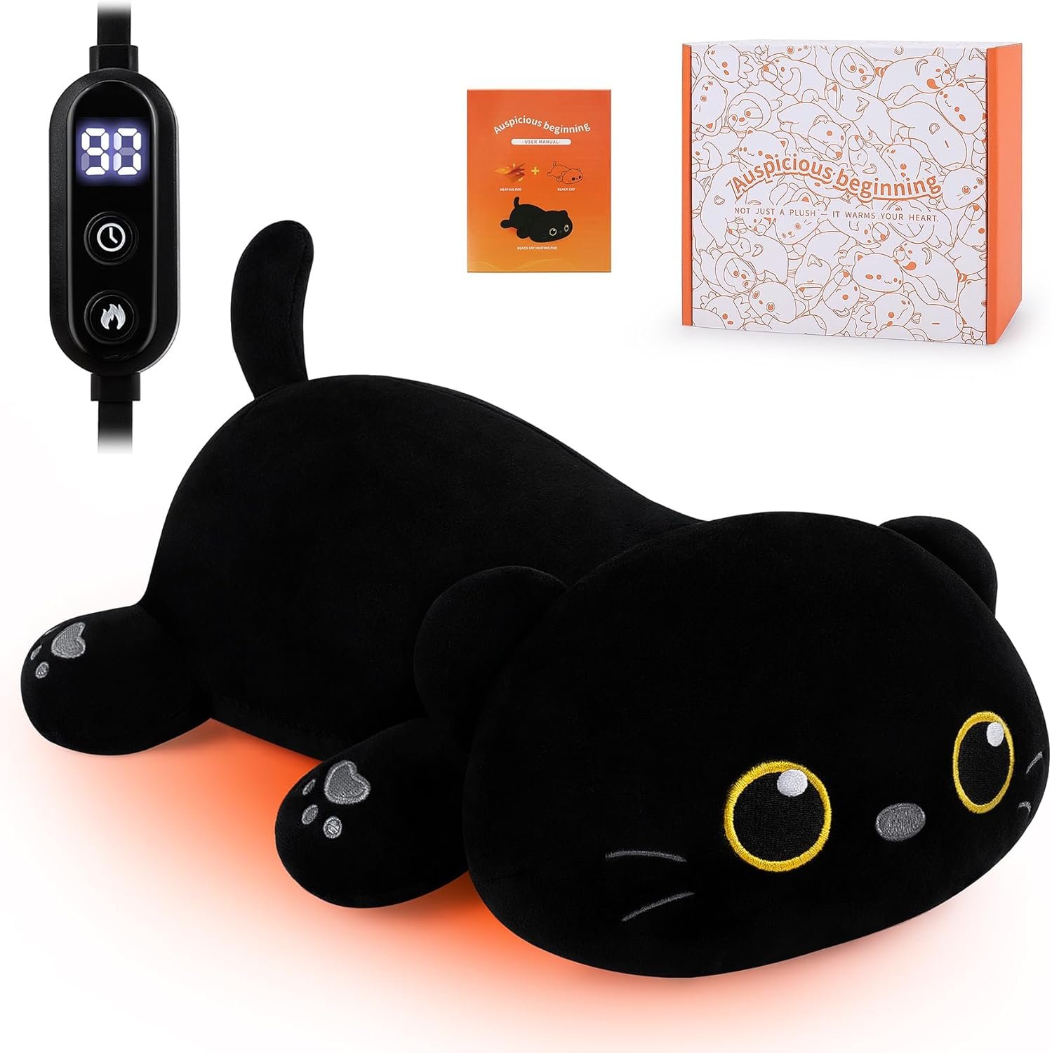 Electric Heating Pad for Period Cramps, Cuddly Kawaii 14” Black Cat Plush with a Hot Soft Belly USB Powered, Menstrual Heating Pad Neck Shoulder Pain Relief, Gift for Daughter Wife Period Heating Pad