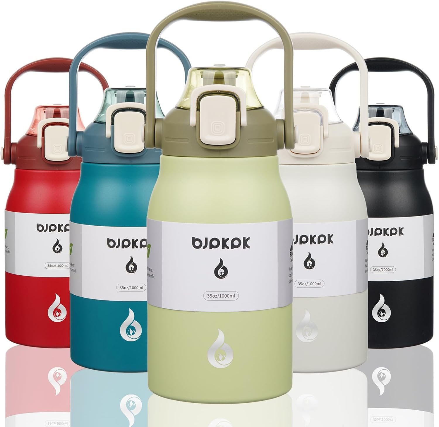 BJPKPK Insulated Water Bottles with Straw, 35 oz Stainless Steel Metal Water Bottle with One-handed Opening Lid, BPA Free Sport Jugs, Flasks for Men & Women, Light Green