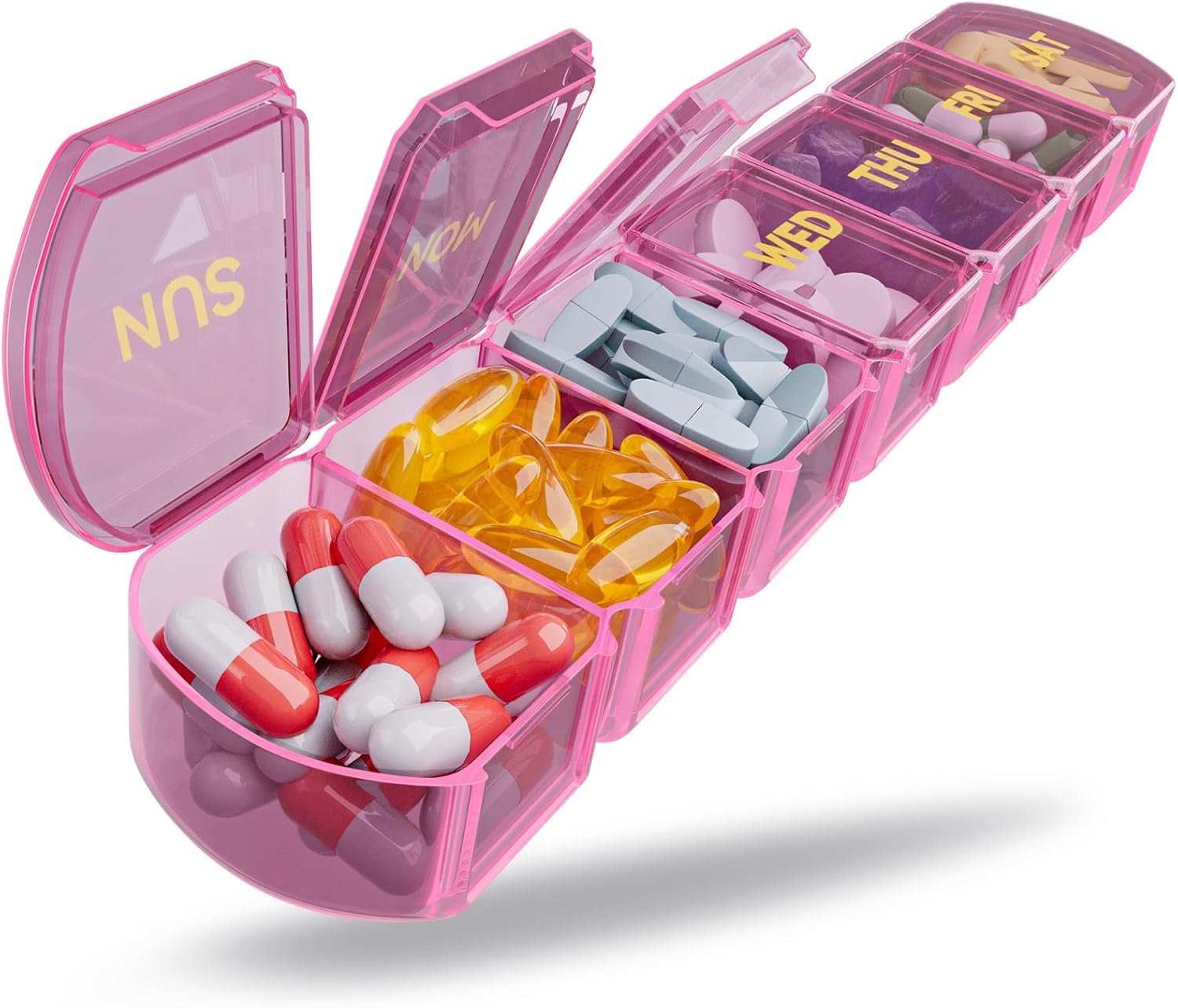 Large Pill Organizer Weekly – SHIJOINYU 7 Day Pill Box with Easy-Open Design, Daily Medicine Pill Organizer for Vitamins, Supplements, Fish Oils and Medications – Pink