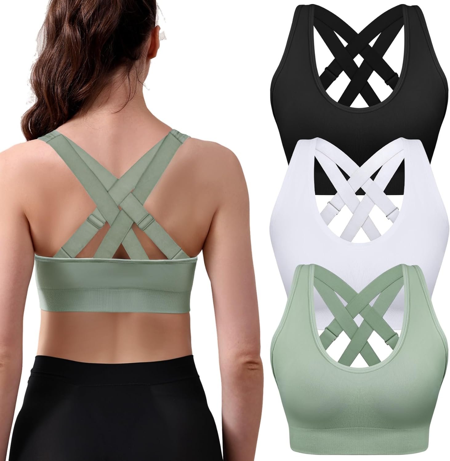 Double Couple 3 Pack Sports Bras for Women Medium Support Adjustable Padded Crossback Sports Bra for Yoga Gym