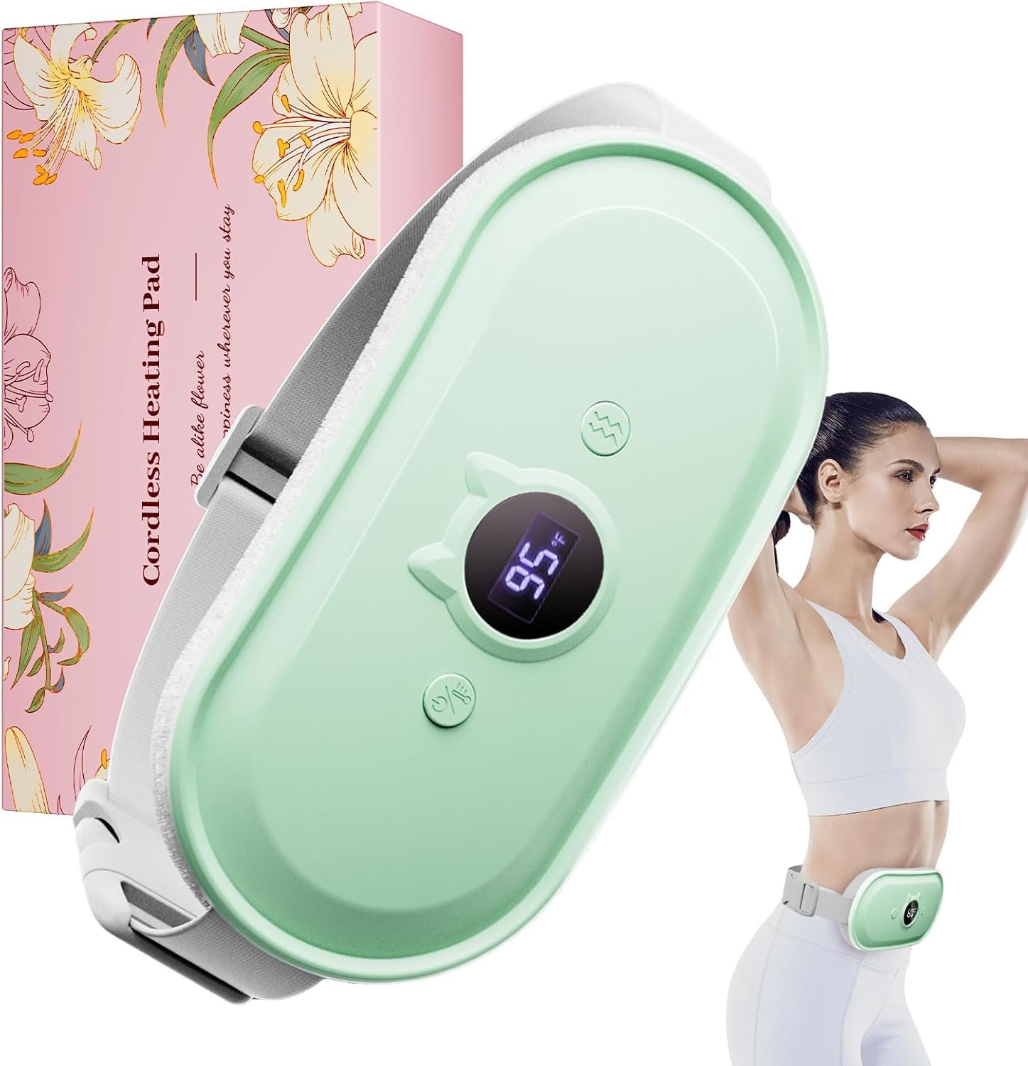 Portable Heating Pad for Period Cramps Relief Vibrating Menstrual Heating Belt for Women, Fast Heat with 7 Heat Levels and 7 Modes for Menstrual, Pain Relief for Back & Stomach – Green