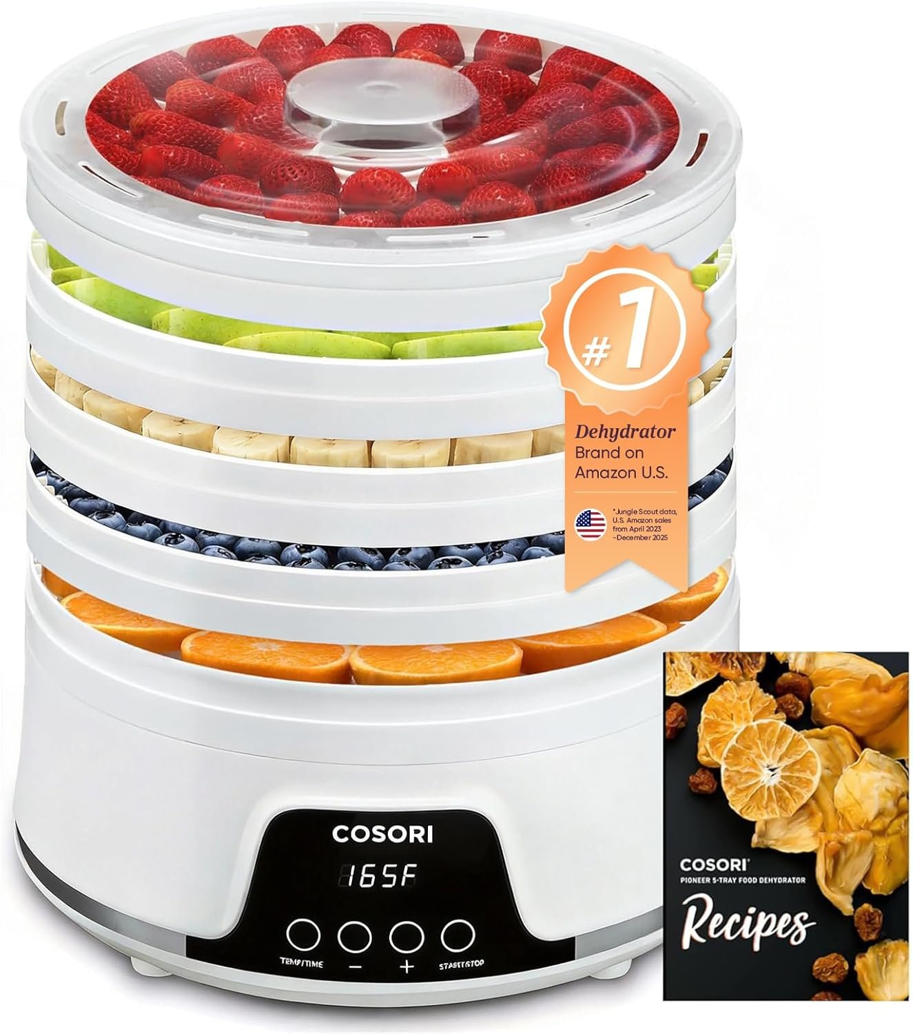 Cosori Food Dehydrator Machine for Jerky, 5 Trays with 165°F Temperature Control and 48H Timer, 350W Dryer for Fruit, Herbs, Meat, Veggies and Dog Treats, 50-Recipes Book Included