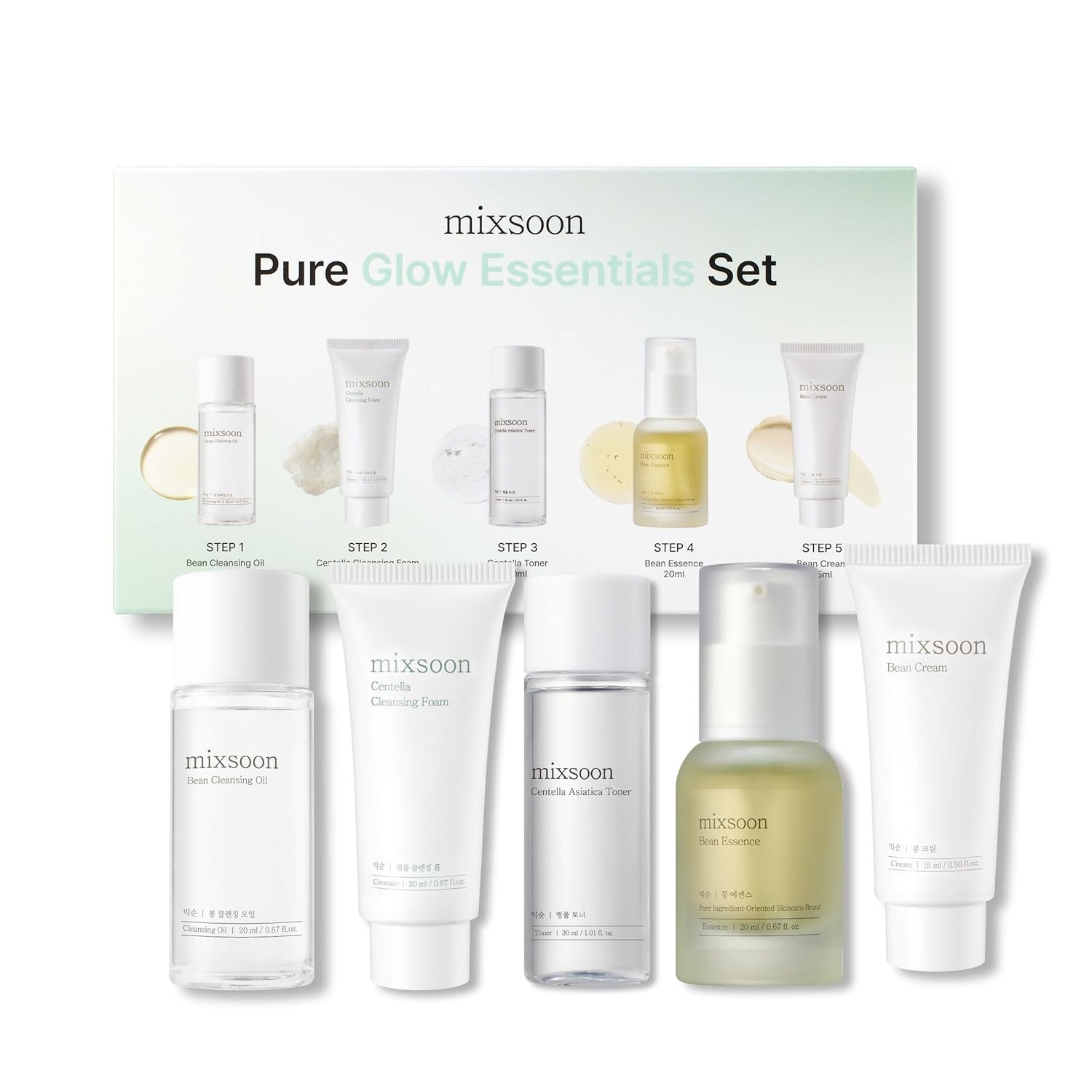 mixsoon Pure Glow Essentials Set – 5-Step Skincare Kit – Travel kit, Travel size kit, Hydrating Skincare Gift Set (15ml*1+20ml*3+30ml*1) Korean Glass Skin Care