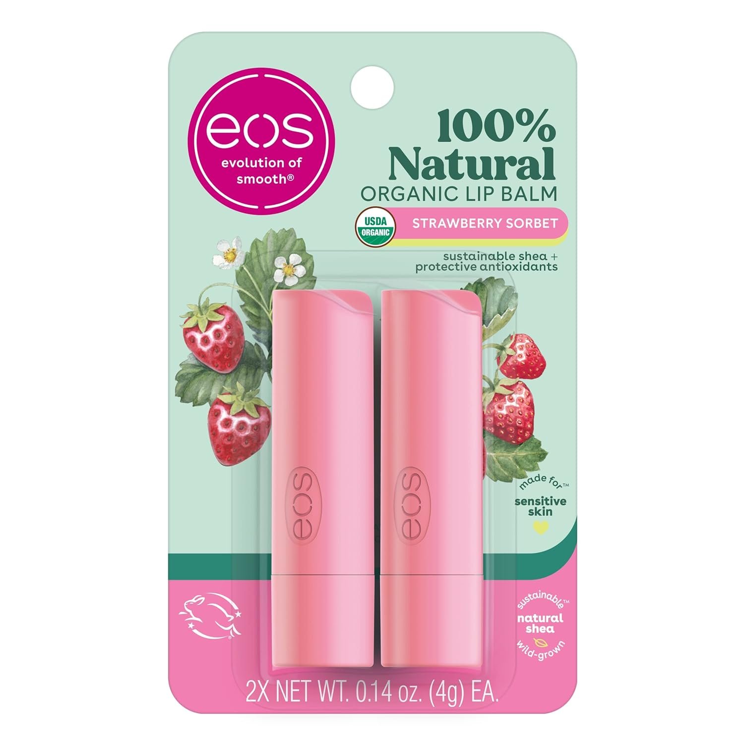 eos 100% Natural & Organic Lip Balm Sticks – Strawberry Sorbet, All-Day Moisture for Sensitive Skin, Dermatologist Recommended, 0.14 oz, 2-Pack