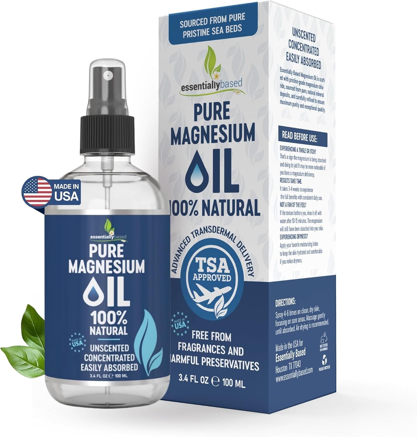 Pure Magnesium Oil Spray 3.4oz Travel Size – Topical Magnesium Spray for Sleep & Feet – Extra Strength – USP Grade – 100% Natural and Organic Oil for Muscle Pain & Cramps – TSA Approved – Made in USA