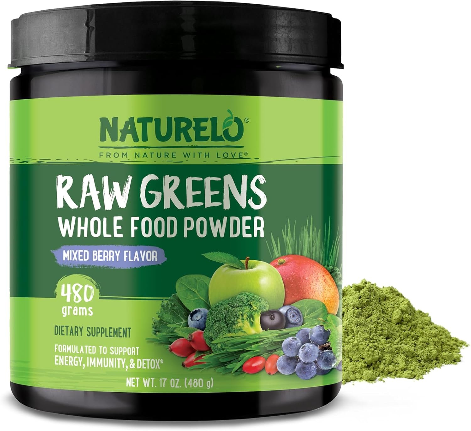 NATURELO Raw Greens Superfood Powder 480 Grams, Mixed Berry – Supports Energy, Immunity and Detox – Includes Spirulina, Wheat Grass and Organic Greens for Whole Food Nutrition