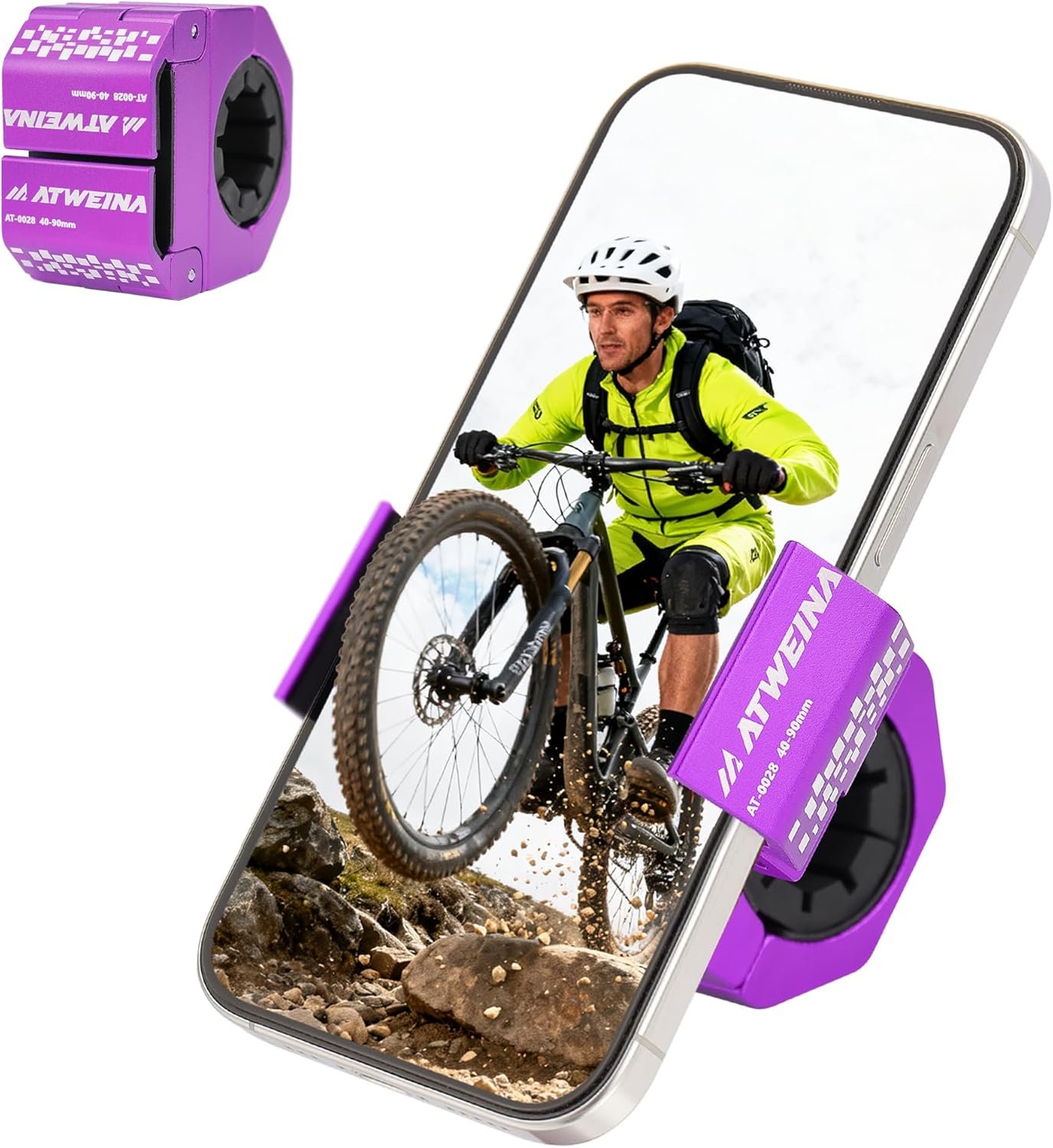 Bike Phone Holder, Motorcycle Phone Mount, Aluminum Alloy Bicycle Handlebar Cell Phone Stand, 360°Rotate Ebike Scooter Phone Clamp Clip, Suitable for 4.5-7.0″ Smartphones (Purple)