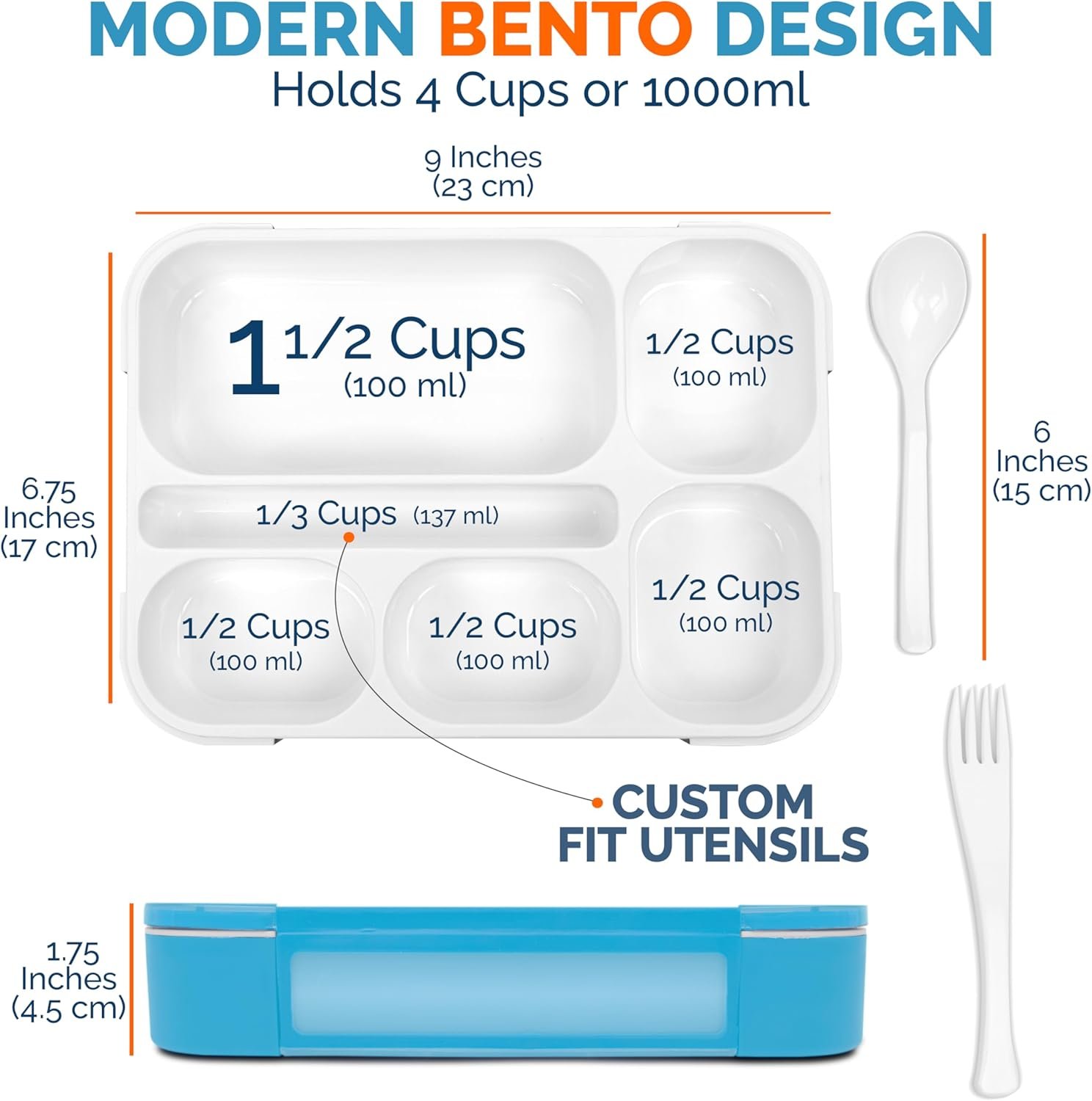 Bento Box Lunch-Box for Kids Adults, Snackle Box Snack Containers for Toddlers Daycare, Leakproof School Bentobox, 6 Section Meal Container for Boys Girls Women Lunches, BPA Free Utensils, Blue
