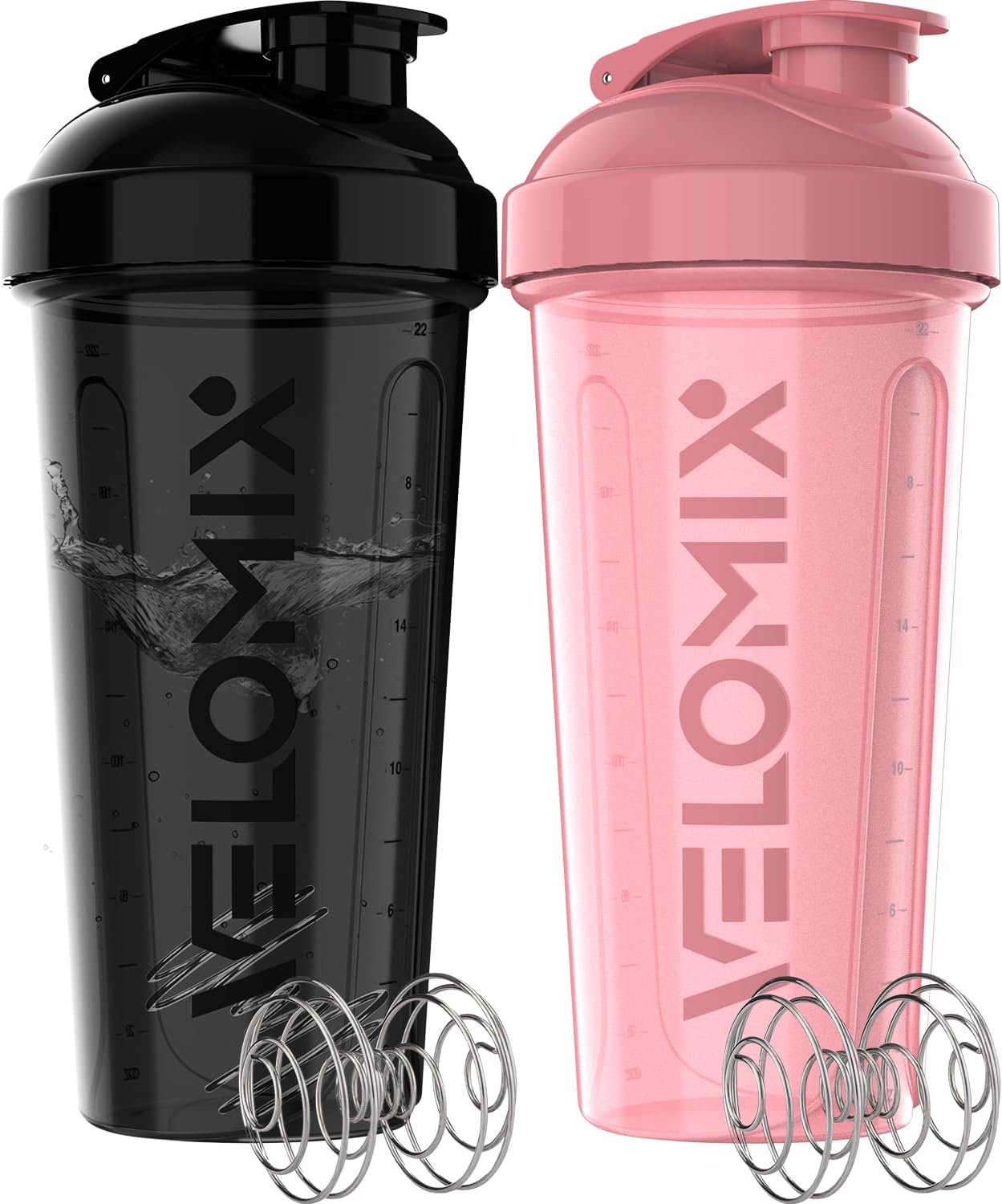 VELOMIX -2 Pack- 28 oz Protein Shaker Bottles for Protein Mixes – 2x Wire Whisk | Leak Proof Shaker Cups for Protein Shakes | Protein Shaker Bottle Pack | Shakers for Protein Shakes-Pink&Black