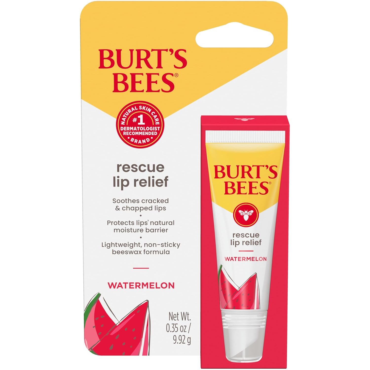 Burt’s Bees Rescue Lip Relief, Watermelon, Hydrating Lip Balm for Dry Cracked Lips, with Responsbily Sourced Beeswax and Shea Butter, 100% Natural Origin, 1 Squeezy Tube, 0.35oz
