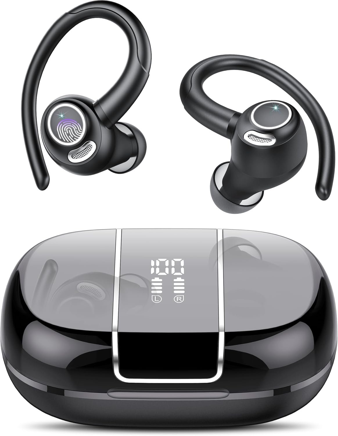 Wireless Earbuds Bluetooth 5.3 Headphones Sports, 48H Over Ear Bud with ENC Mic, Stereo Deep Bass Bluetooth Earbuds with Secure Earhooks, LED Display, IPX7 Waterproof Earphone for Running Ivory Black