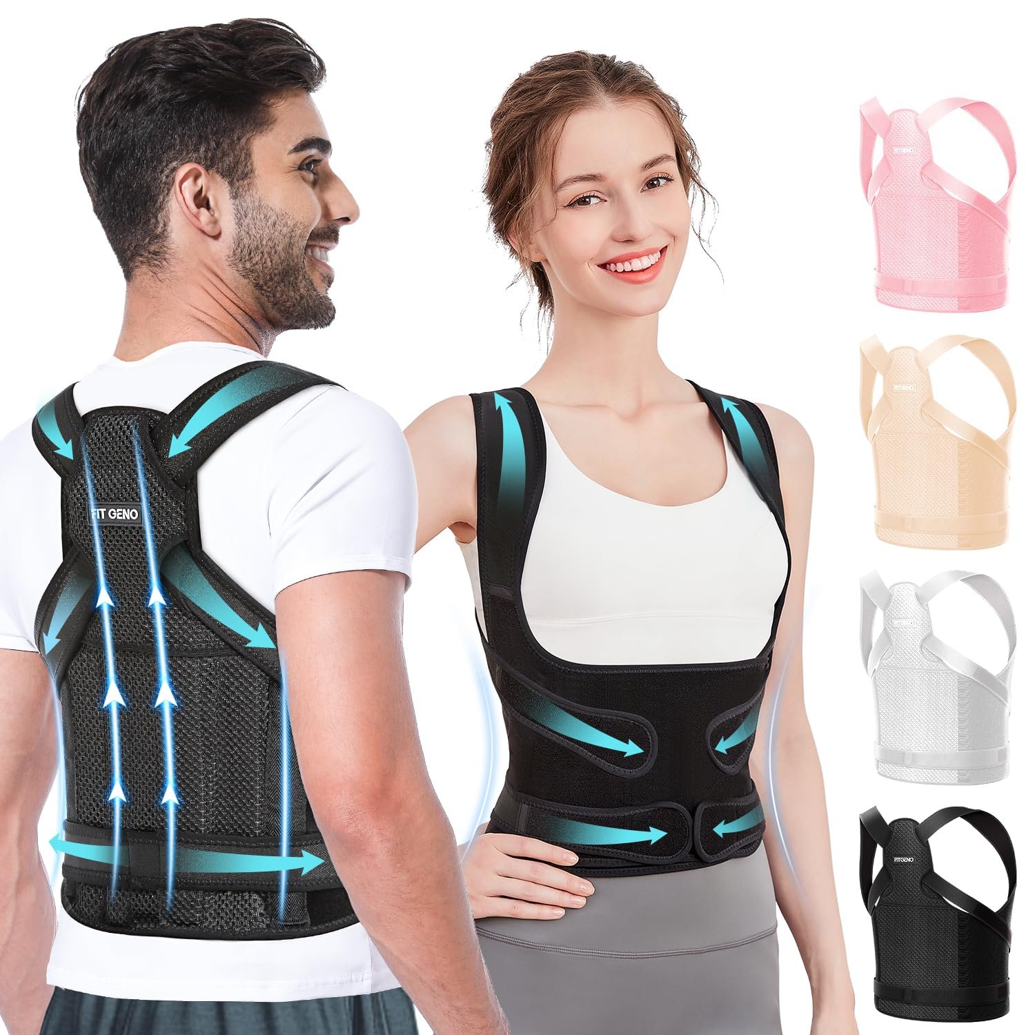 Fit Geno Back Brace Posture Corrector for Women and Men, Shoulder Straightener, Adjustable Full Back Support, Upper and Lower Back Pain Relief – Scoliosis, Hunchback, Thoracic, Spine Corrector (S)