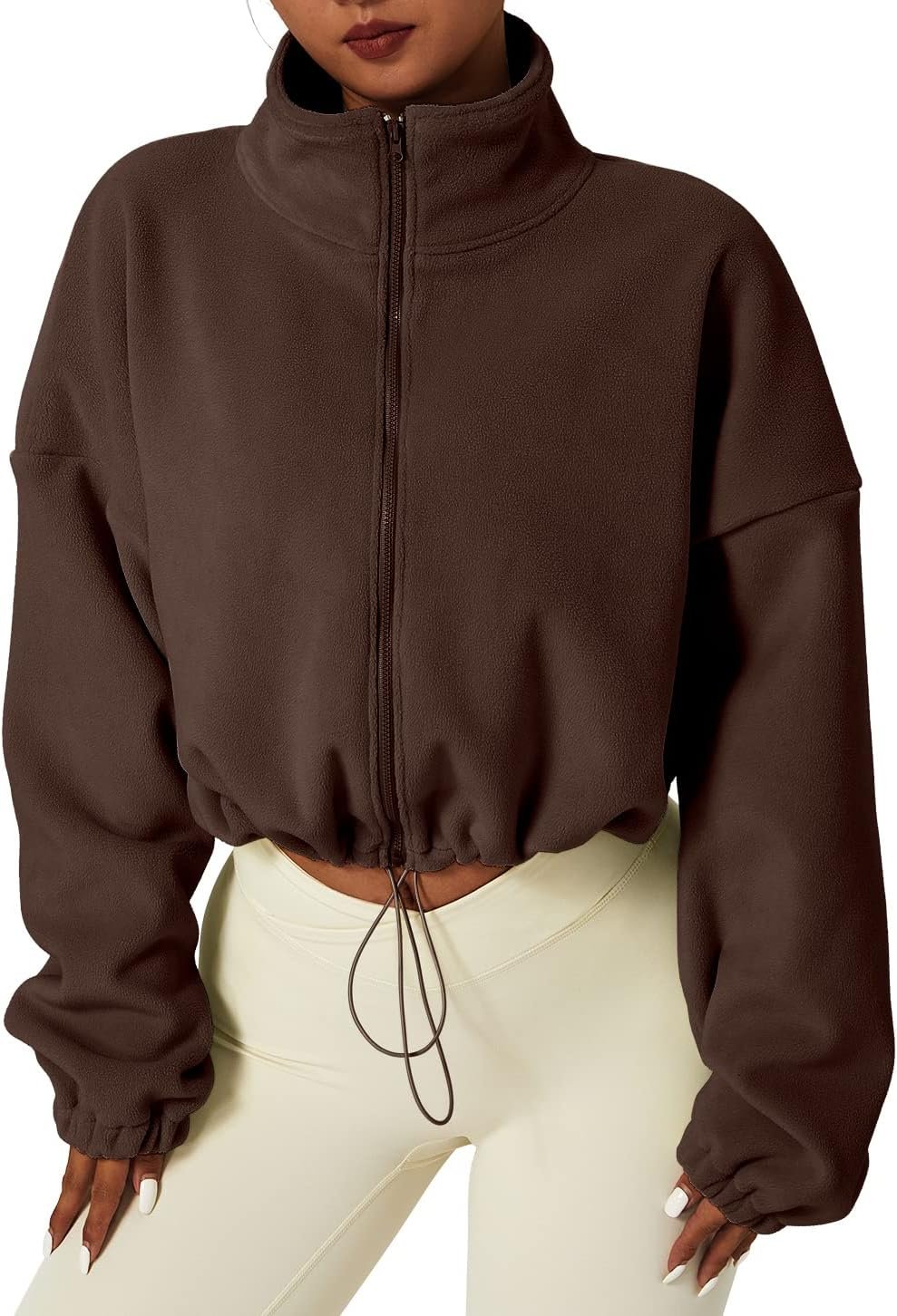 QINSEN Women’s Full Zip Fleece Short Jacket Warm Winter Long Sleeve Stand Collar Sherpa Crop Coat