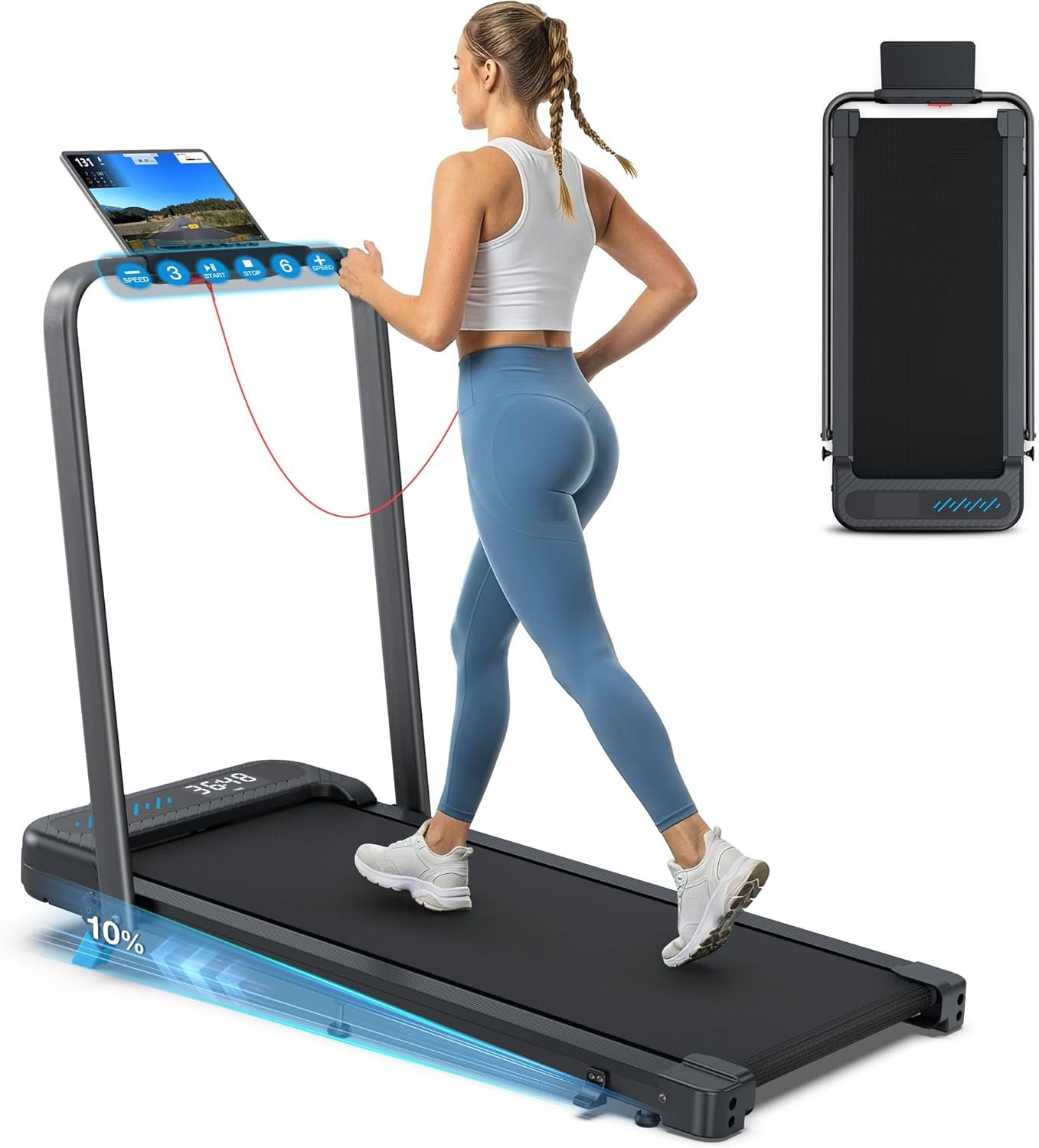 WELLFIT Folding Treadmill with Incline,320+ lbs Capacity Portable Treadmills with Handlebar, Under Desk Treadmill for Home Office,Low Noise Walking Pad with Smart Voice Control for Jogging Running