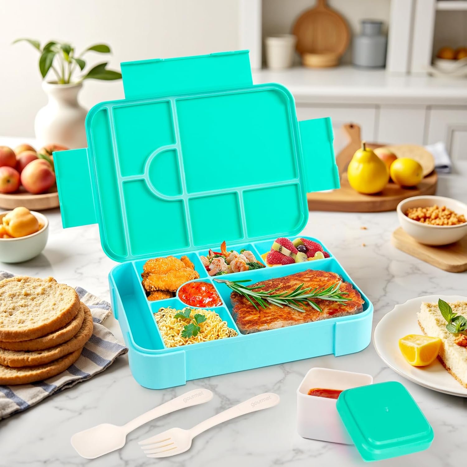 Bento Lunch Box, 1330ML Leak-Proof Bento Box for Adults, Food Container with 6 Compartments and Cutlery Set, BPA Free Snack Box for Office Microwave Dishwasher Safe