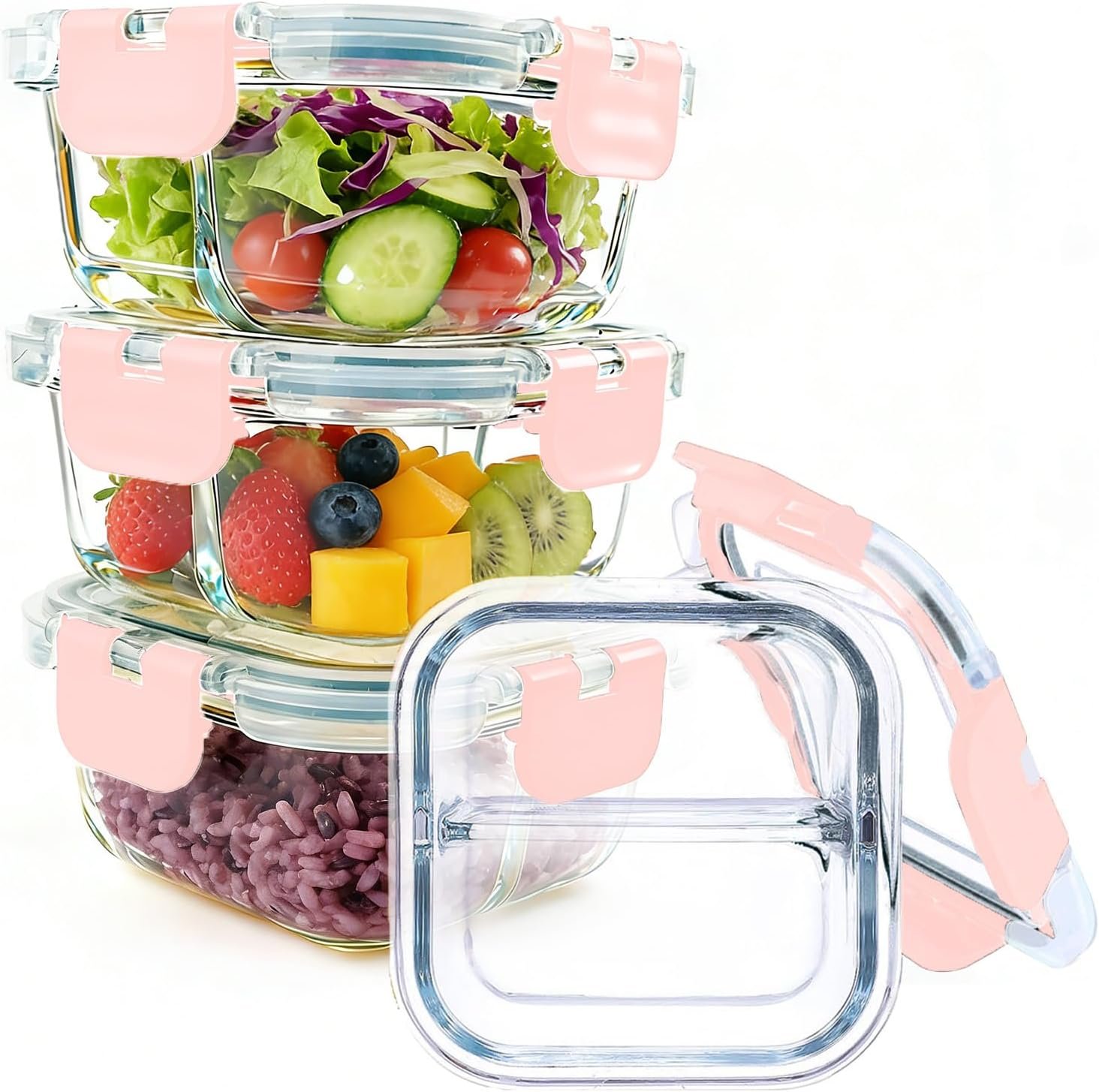 Bariatric Meal Prep Containers, 8 oz Portion Control Containers for Bariatric Meals with Two 4 oz Compartments, Reusable Glass Snack Food Containers with Lids (3 Pack) Dishwasher (Pink)