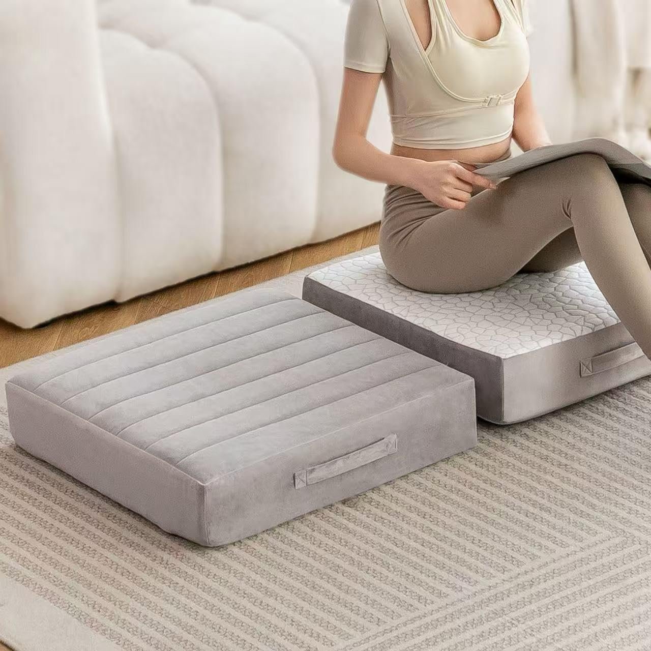 22 inch Floor Pillow for Adults and Kids – Meditation Cushions and Yoga Cushion for Floor Sitting Mattress Reversible (Cool & Warm) – Ideal for Living Room and Outdoor Use (1, Light Gray)
