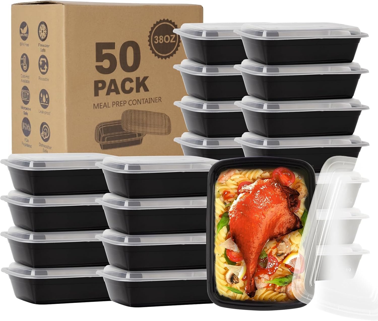 Ezalia 50 Pack- Meal Prep Containers 38oz, Plastic Food Prep Containers Reusable, Leakproof To Go Food Containers with Lids, BPA-Free, Microwave/Dishwasher/Freezer Safe
