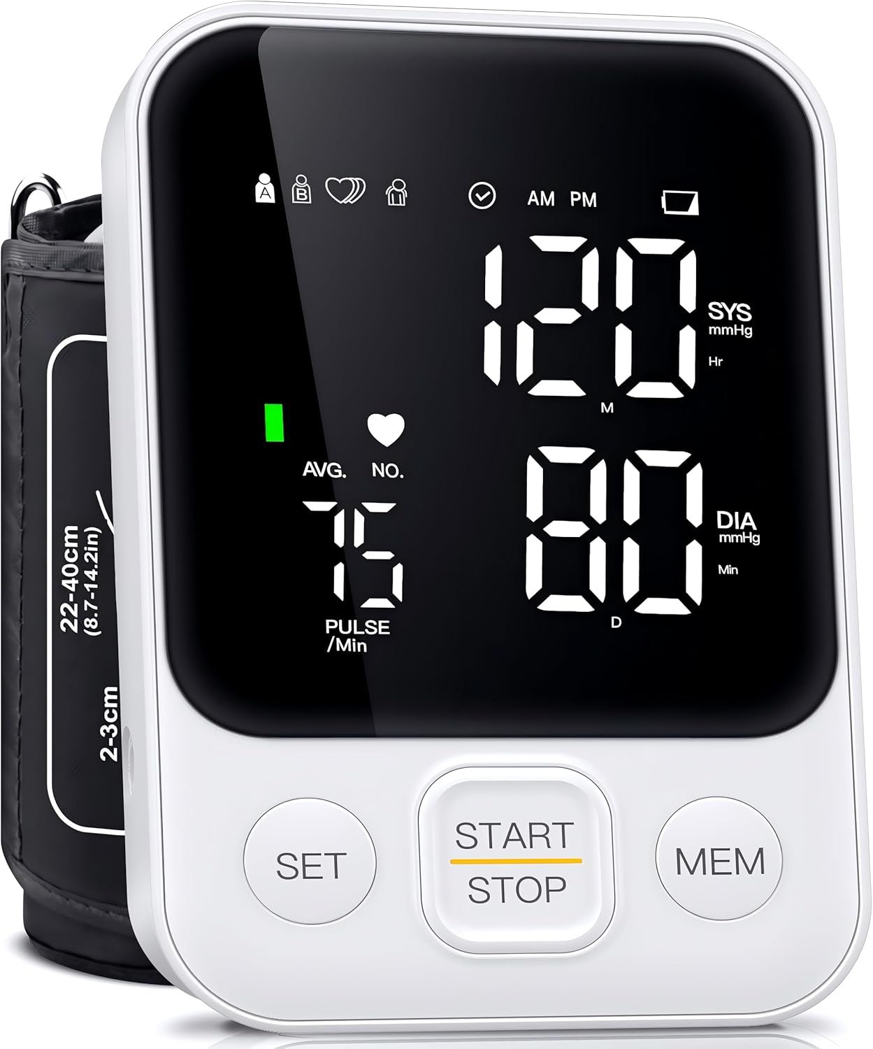 Blood Pressure Monitor Upper Arm Monitors for Home Use BP Machine with 2×120 Reading Memory Adjustable Arm Cuff 8.7″-15.7″ Large Display with LED Background Light Storage Bag White