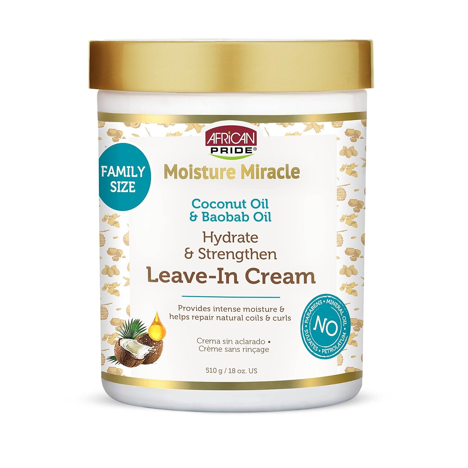 African Pride Moisture Miracle Leave-In Cream with Baobab Oil & Coconut Oil for Coily & Curly Hair, Adds Moisture, Helps Repair & Strengthen, 18 oz