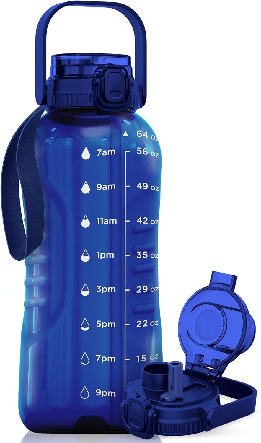 AQUAFIT 64 oz Water Bottle with Time Marker – 2in1 Straw & Chug Lid – BPA Free Big Water Bottle with Straw – Gym Water Bottle with Strap – Water Jug (64 Ounces, Blue)