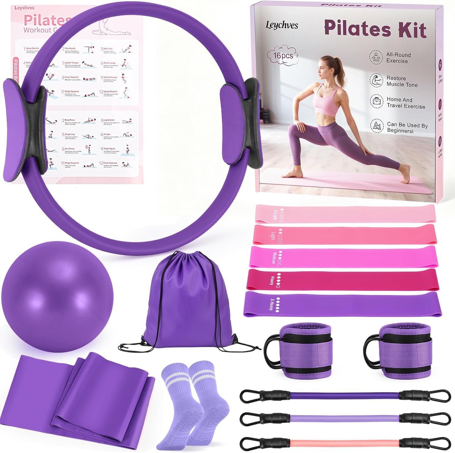 Home Pilates Essentials Kit for Women, Magic Circle Pilates Equipment Ring and Ball Set, Resistance Bands Workout Guide Video for 28 Day Pilates Challenge Starter Kit for Beginners