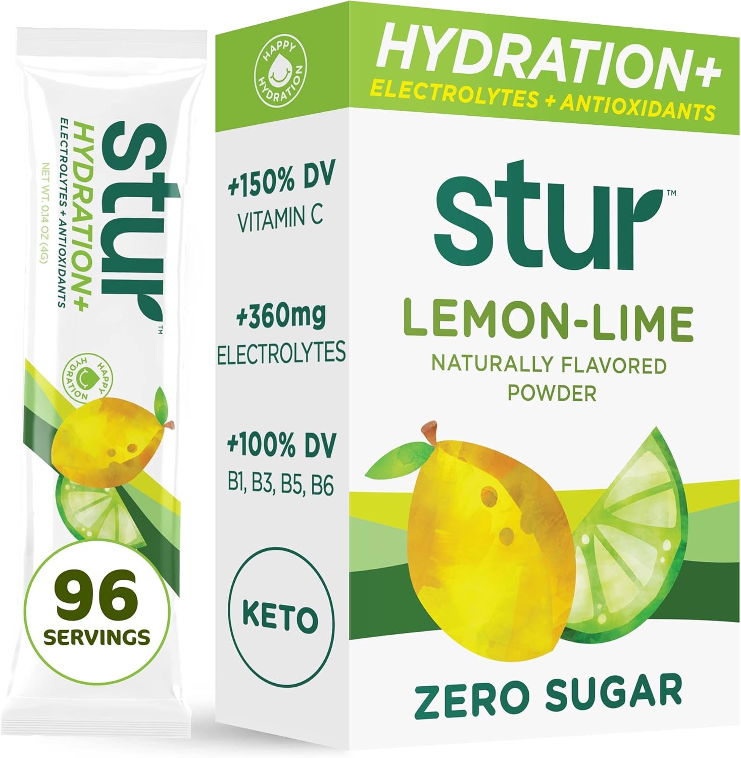 Stur Electrolytes Powder Hydration Packets | Lemon Lime | Sugar Free Water Flavor Packets for Workout Recovery | High Antioxidants & B Vitamins | Keto, Vegan, Non-GMO, Paleo (96 Packets)