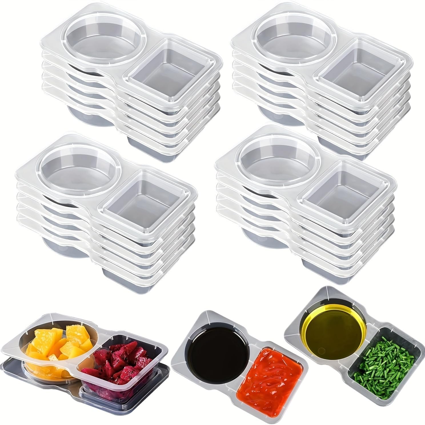 20 PCS Double Compartment Condiment Container With Lids – Reusable Snack Pack Container for Refrigeration, Portion Control, Grab and Go, Outdoor Takeaway Sauce Dip Case. (20)
