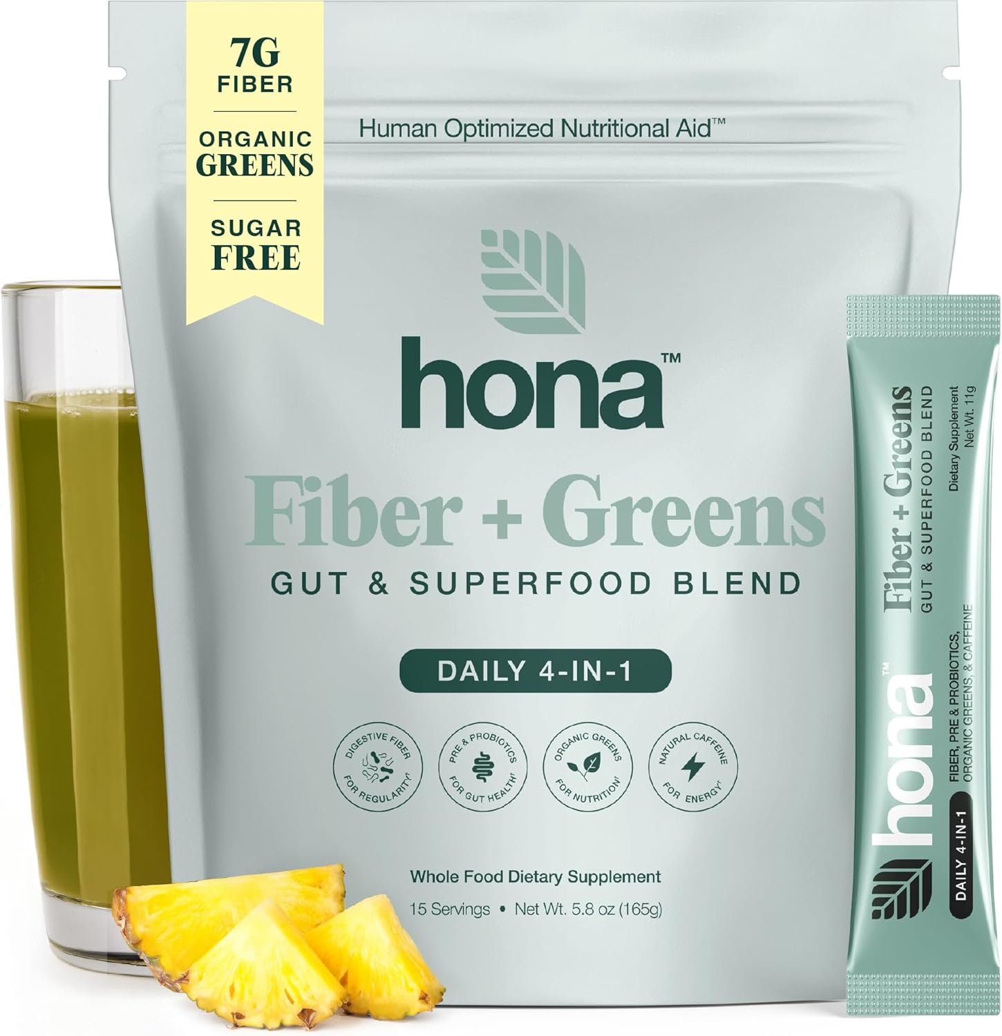 High Fiber Supplement Powder + Greens – Gut & Superfood Blend, Greens Superfood Powder with 7g Fiber, Prebiotics, Probiotics & Natural Caffeine, Gluten Free, Sugar Free, Vegan, 15 Servings