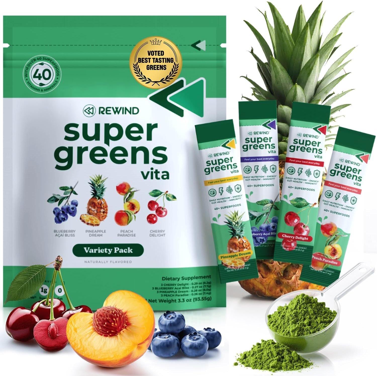 Rewind Best Tasting Vita Variety Sample Stick Pouch – Super Greens Powder Packets – Delicious Green Juice Drink Mix with Amazing Flavor – Over 40 Superfoods – Variety Pack (12 Sticks)