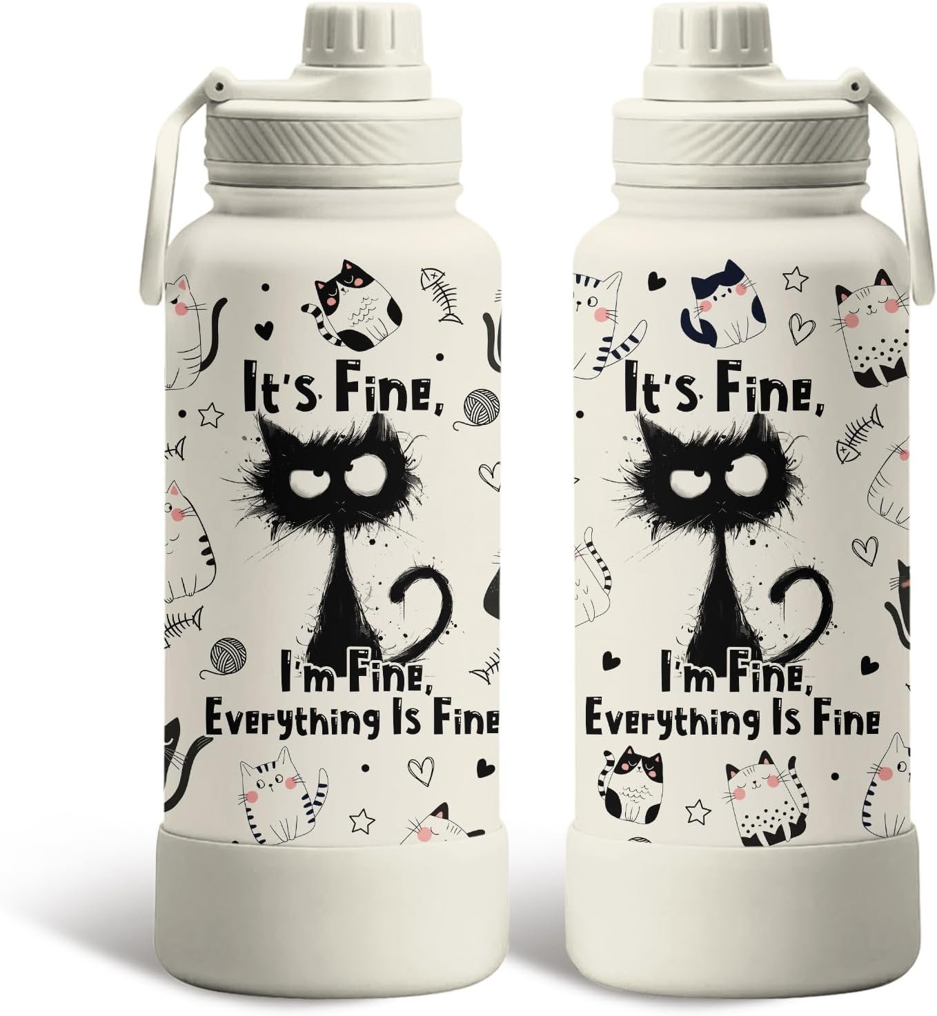 Cat Gifts for Women Girls – 34oz Black Cats Water Bottle, Everything Is Fine Cats Themed Insulated Travel Tumbler, Cute Coffee Cup for Cat Lovers, Mom, Funny Black Cat Christmas Birthday Gifts (1 pc)