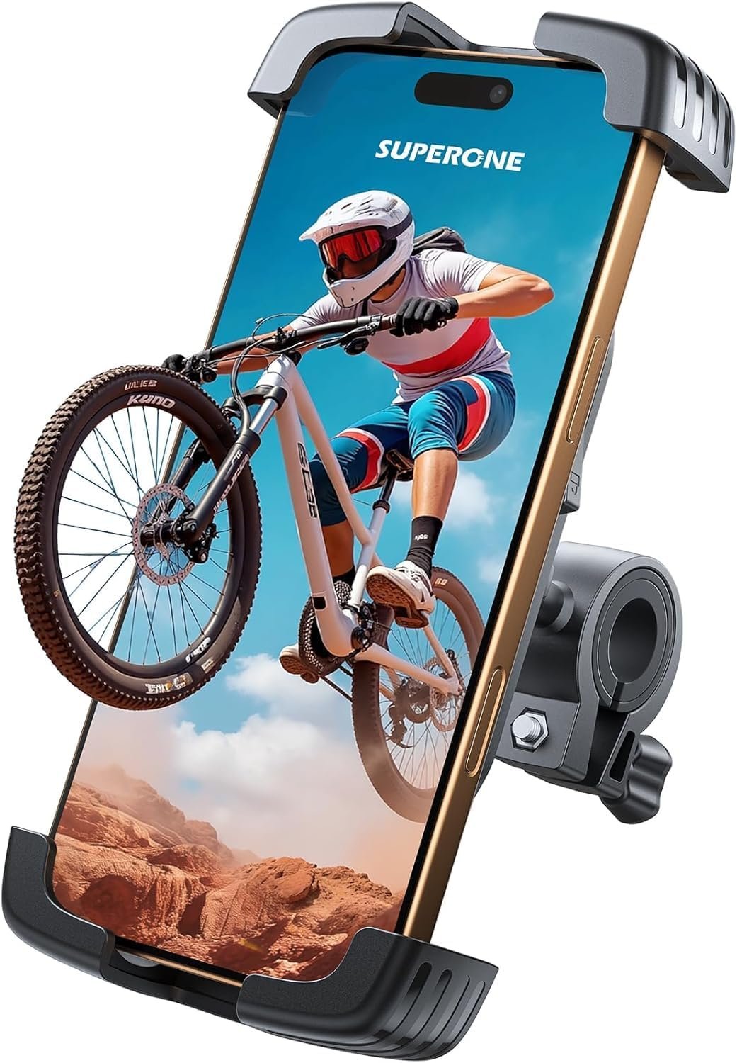 SUPERONE Bike Phone Holder, [Silicone Wrapped] [1s Lock] Motorcycle Cell Phone Holder Mount, Bicycle Scooter Handlebar Clamp for iPhone 17 16 15 Air Pro Max, S25 S24 Ultra, More 4.7-7.2″ Phones