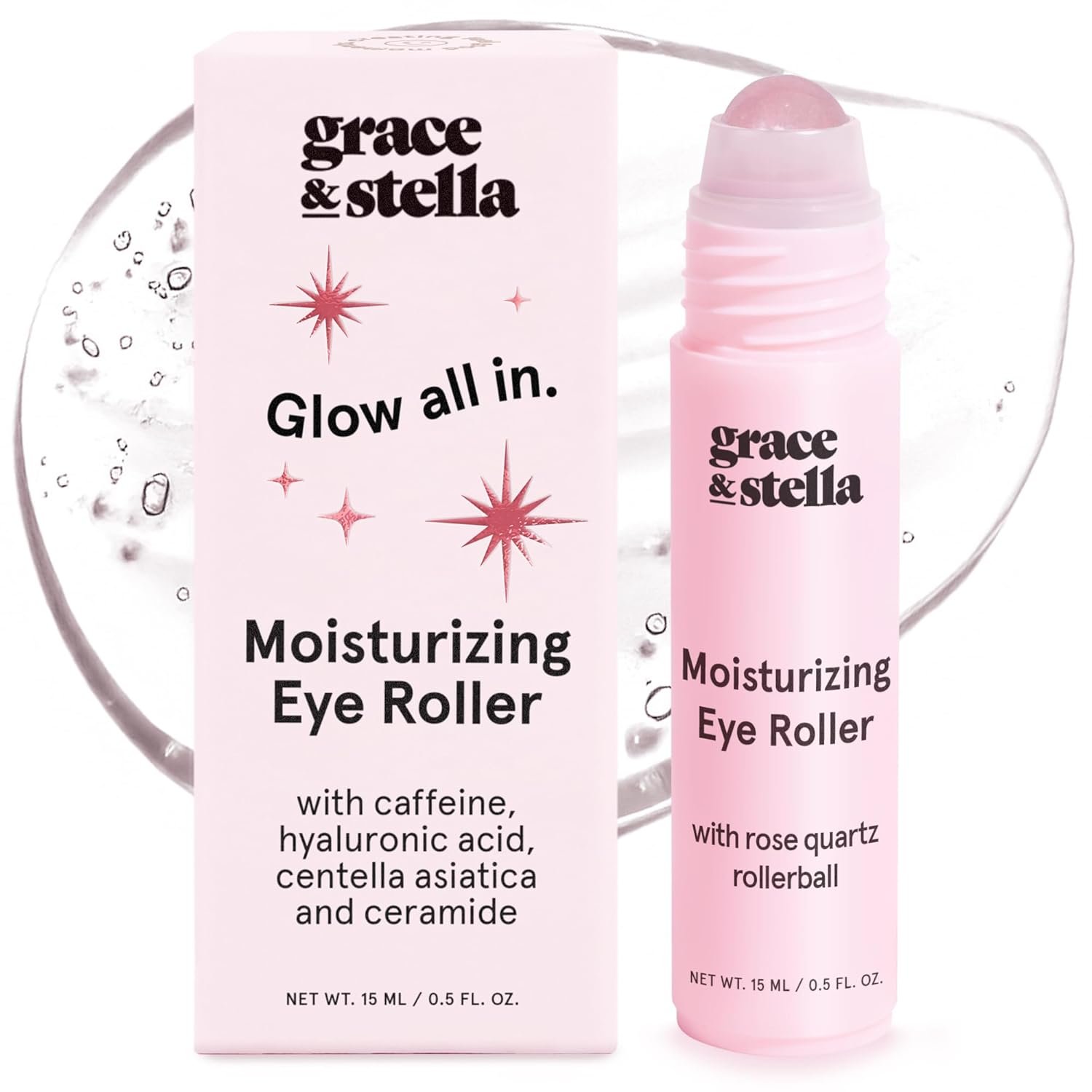 grace & stella Under Eye Brightener with Rose Quartz Rollerball – Centella Asiatica & Caffeine Under Eye Serum for Dark Circles & Puffiness – Travel Essentials, Gifts for Women, Vegan (15ml/0.51floz)