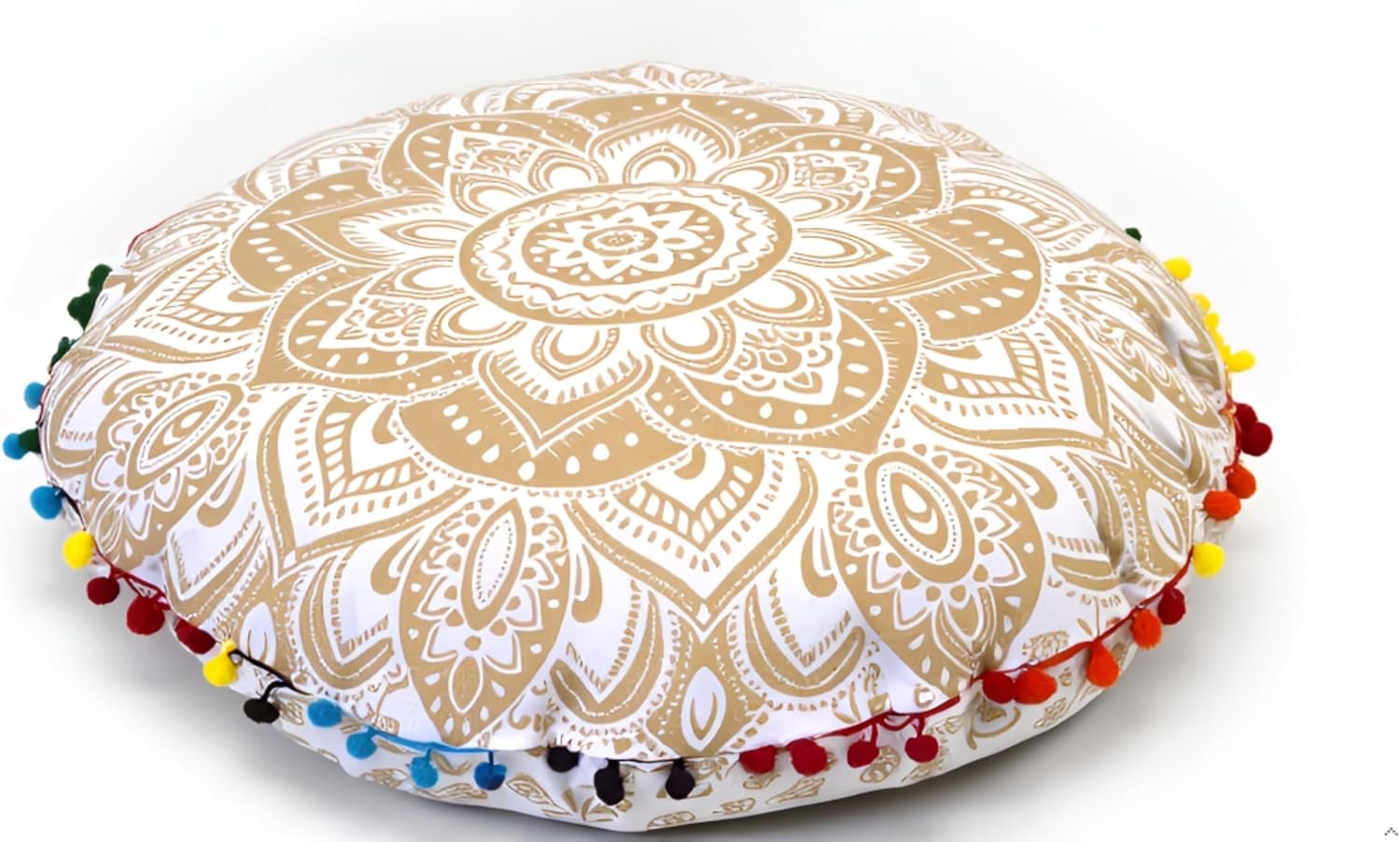 CRAFT KALA 22″ Floor Pillows Cover for Sitting, Large Meditation Cushions Cover for Adults, Bohemian Mandala Round Pouf Seating Ottoman Cover for Outdoor Yoga and Living Room (White Gold Flower)