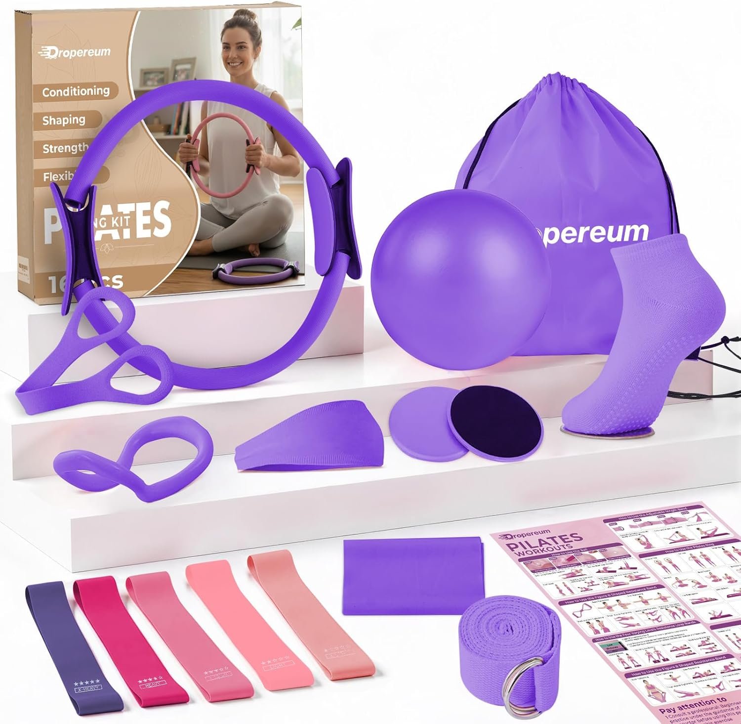 Pilates Kit for Women – 16PCS Home Pilates Workout Kit for Beginners, Pilates Ring Set with Ball, Resistance Bands & Accessories, Full Body Toning Equipment for Home Workouts