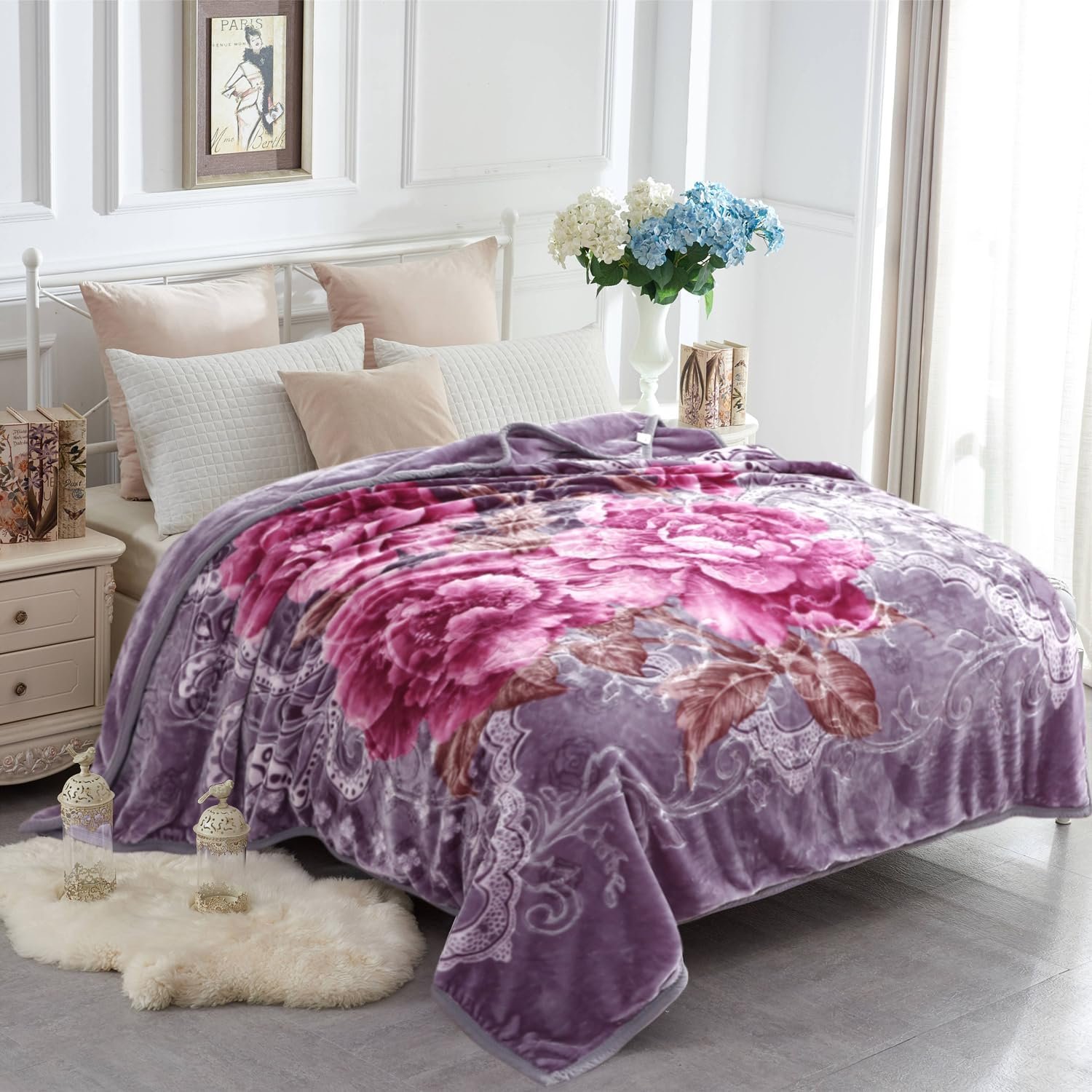 JYK Queen Size Korean Mink Blanket, 5 LB Fleece Bed Blanket – 2 Ply Reversible 520GSM Silky Soft Plush Warm Blanket for Autumn Winter, A&B Pattern Printed, (Queen 75″x87″, Light Purple Peony/Peony)