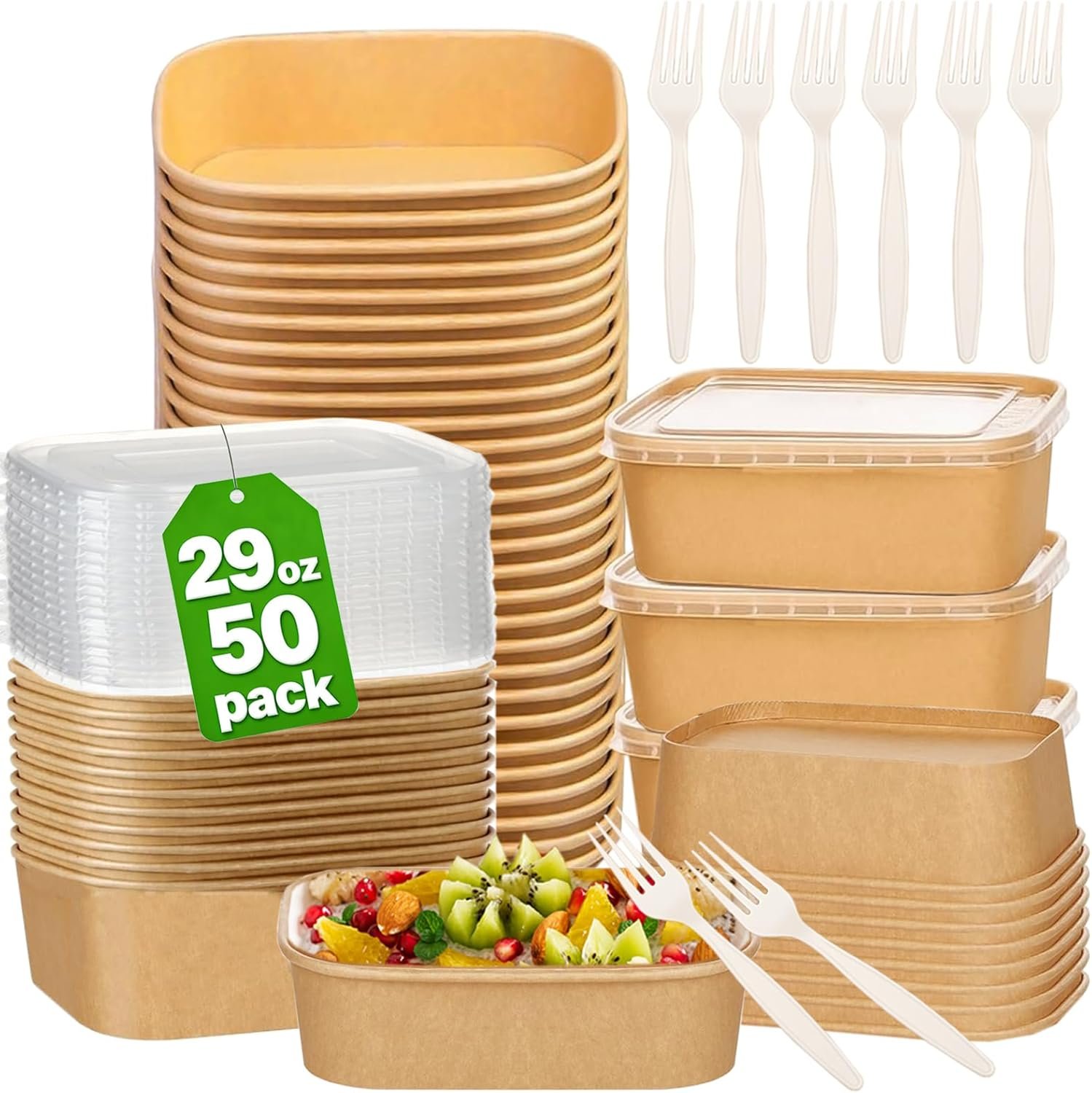 50 Pack 29Oz Disposable Meal Prep Containers With Lids and Forks-Disposable Kraft Paper Bowls-to go food containers-Microwavable and Freezer Safe Take Out Containers