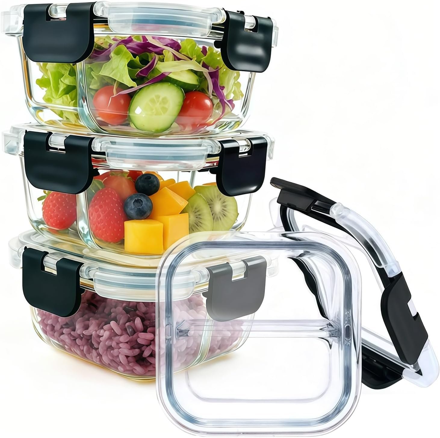 Bariatric Meal Prep Containers, 8 oz Bariatric Portion Control Food Storage Containers with Two 4 oz Compartments (3 Pack), Reusable Glass Snack Containers with BPA Free Airtight Lids