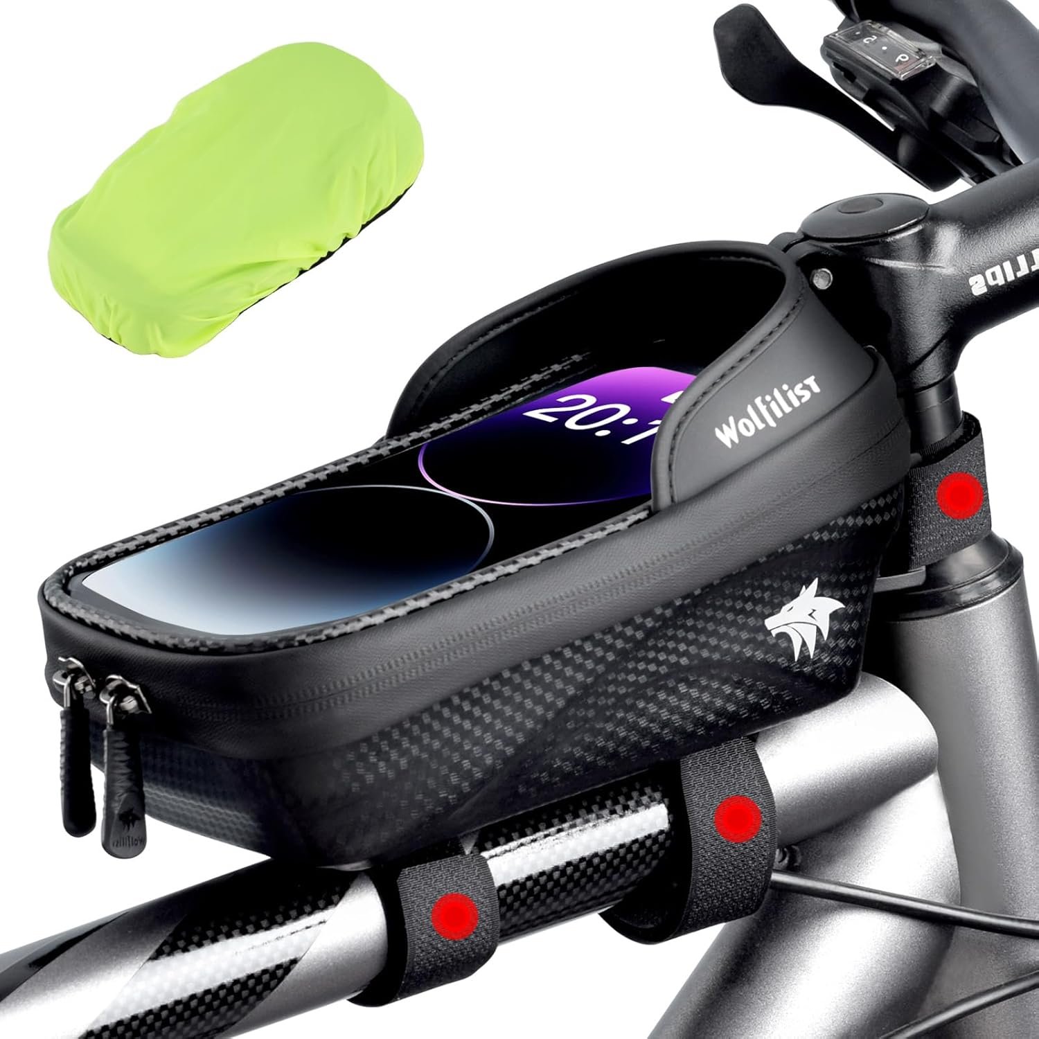 WOLFILIST Bike Bag – Waterproof Bike Frame Bag with Sun-Visor Rain Cover, Bike Phone Holder with TPU Sensitive Touch Screen, Handlebar Bag Bicycle Accessories
