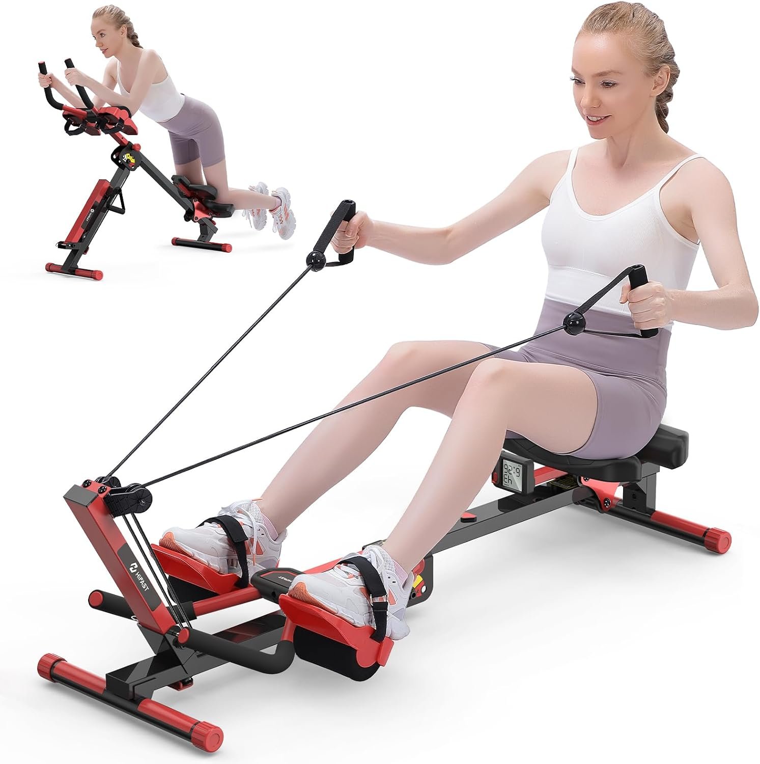 Ab Machine and Rowing Machine, 4 in 1 Rowing Machines for Home with 3 Levels of Workout Resistance, Quiet & Foldable Rower Machine with 3 Adjustable Handle Heights & LCD Monitor, Row Machine for Home