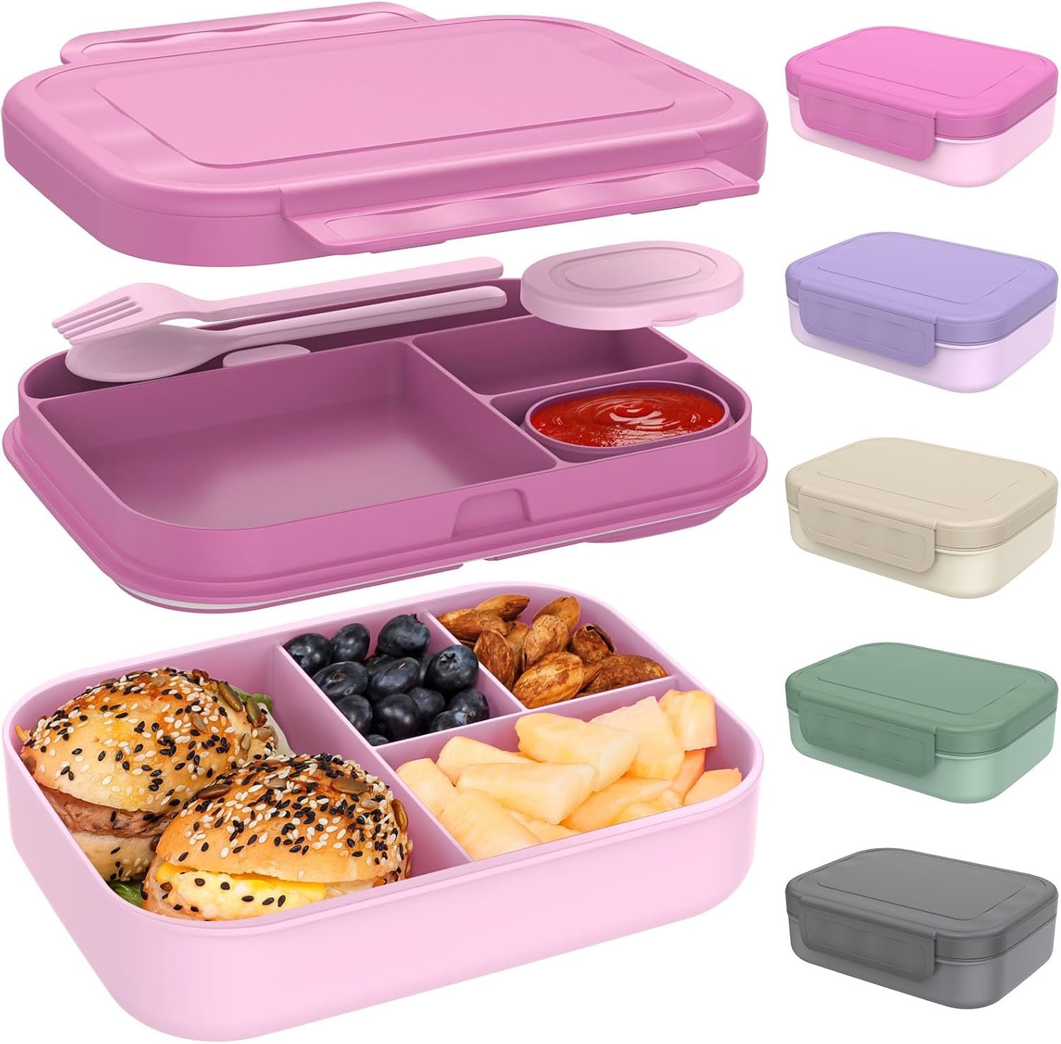 Caperci Stackable Bento Lunch Box for Adult & Teens – Reinforced Leak-Proof Lunch Container 4-Compartment with Utensils & Sauce Container, BPA-Free, Dishwasher/Microwave Safe, 47oz (Cherry Blossom)