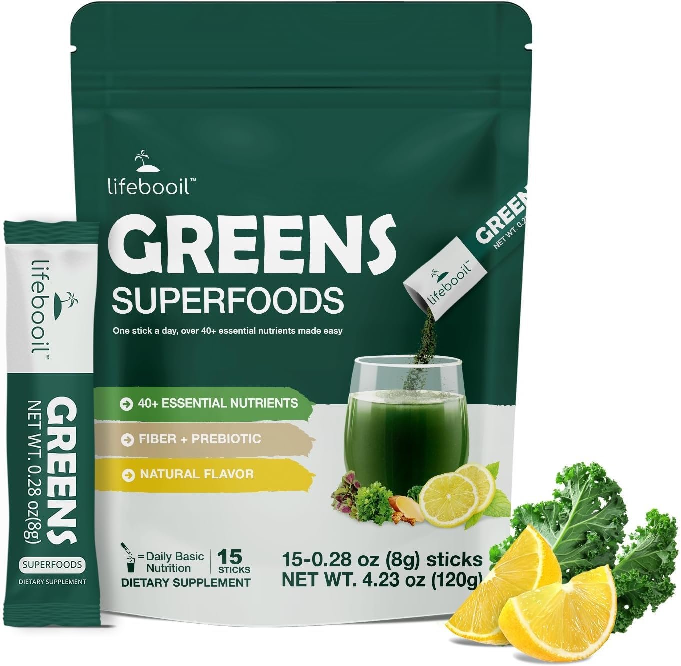 Superfood Blend Drink Mix with 40+ Greens & Vegetables – Plant-Based, Natural Unflavored Powder in Easy Mix Packets for Daily Wellness (15 Packets)