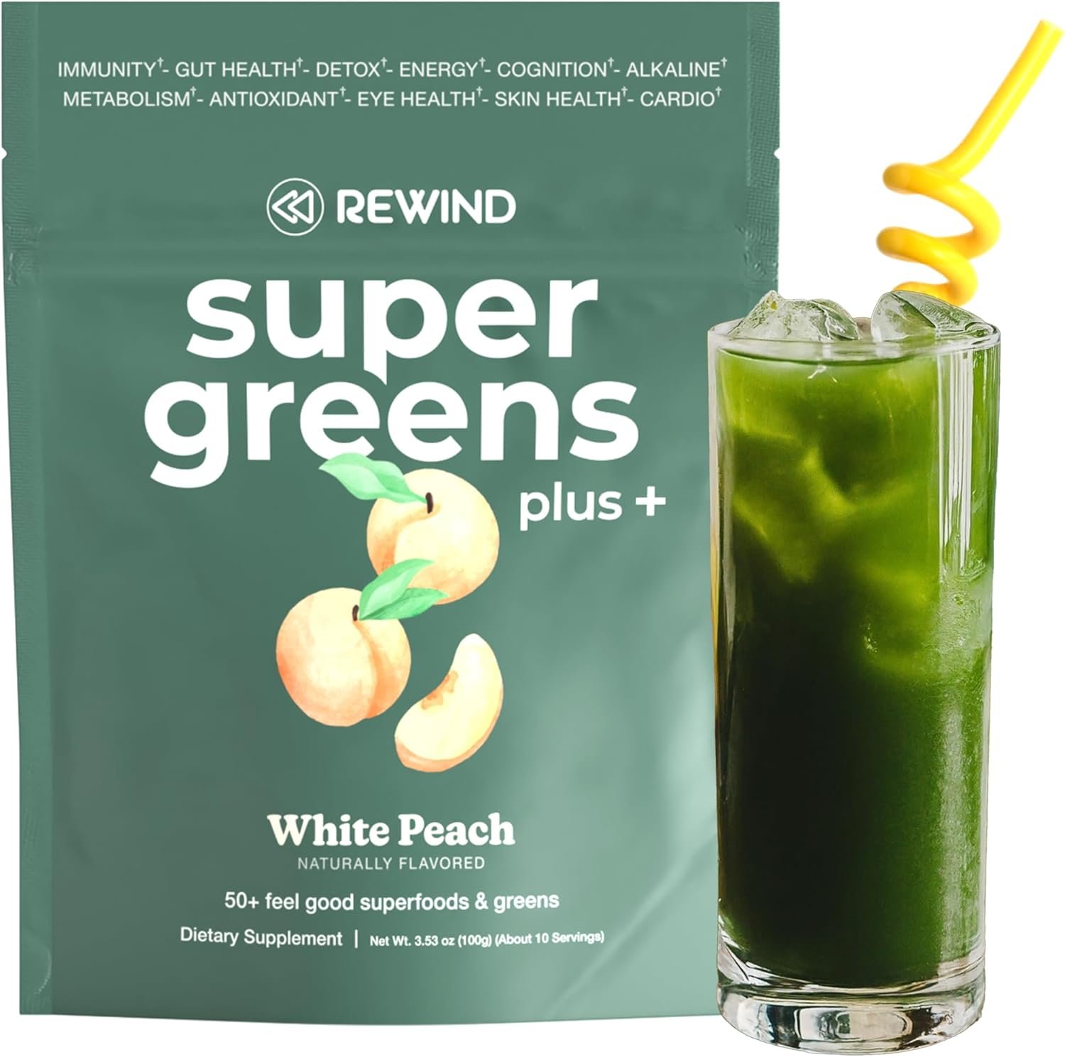 Rewind Super Greens Powder with 50+ Superfoods Daily Green Juice for the Whole Family Delicious Green Powder Drink Mix White Peach Flavor – 10 Servings