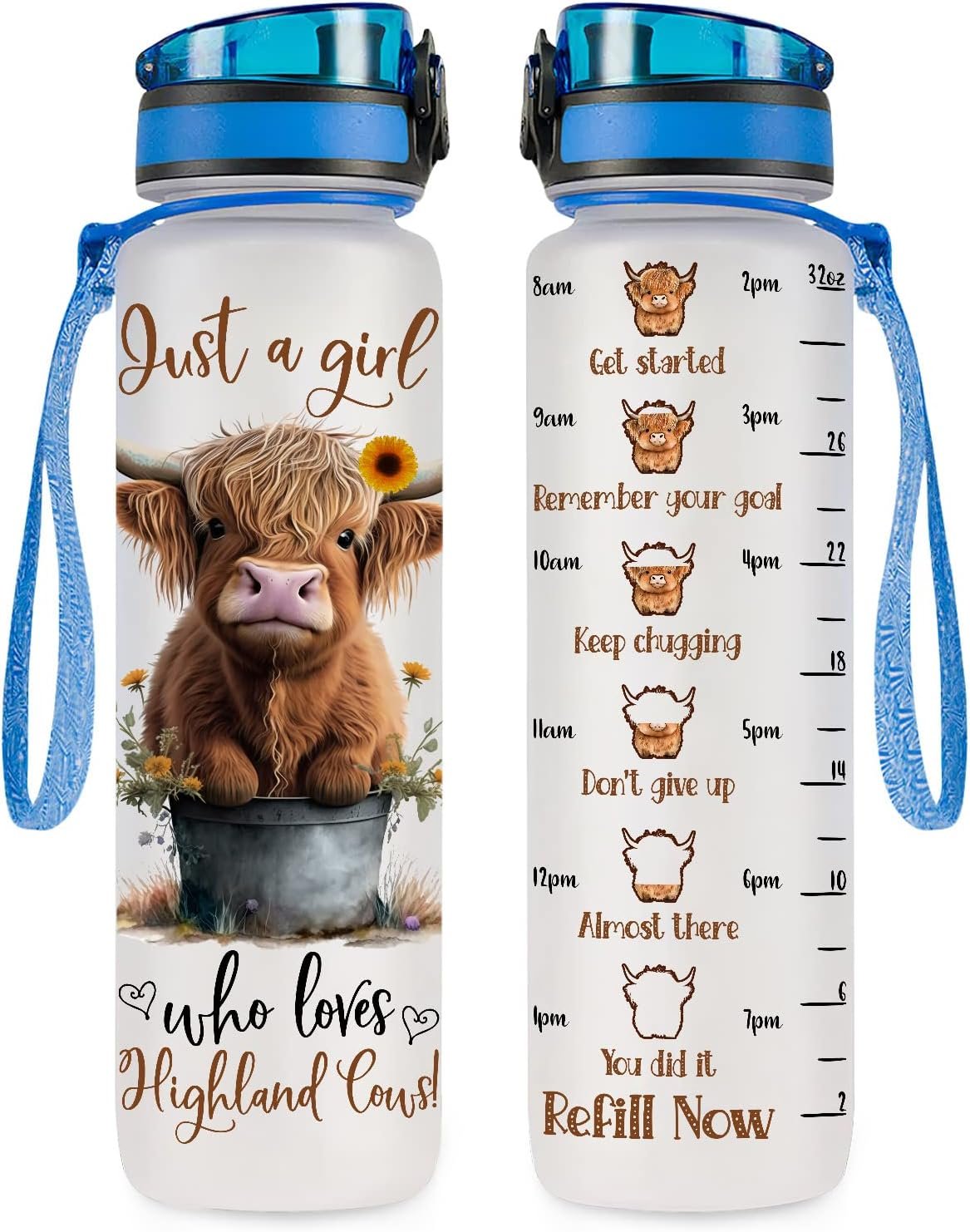 34HD Highland Cow Water Bottle, 32 oz Tritan Plastic, Motivational Quote & Time Marker, Gift for Women, Sports & Everyday Use Christmas Gift