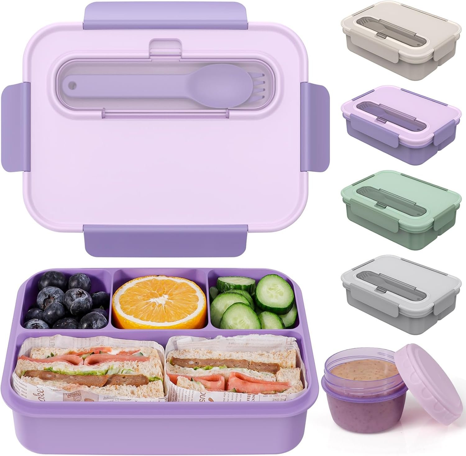 Caperci Bento Box Adult – 50 oz Large Lunch Containers for Adults and Teens, 4-Compartment Bento Lunch Box with Utensils & Leak Proof Sauce Cup, Dishwasher Safe, Durable, BPA-Free (Lavender)