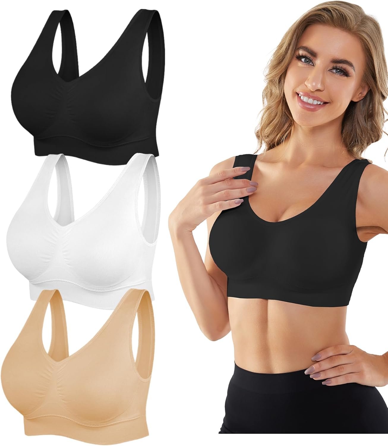 YADIFEN Womens Sports Bras, 3/4/6 Pack Wireless Comfortable Seamless Sleep Yoga Sports Bras for Women with Removable Pads