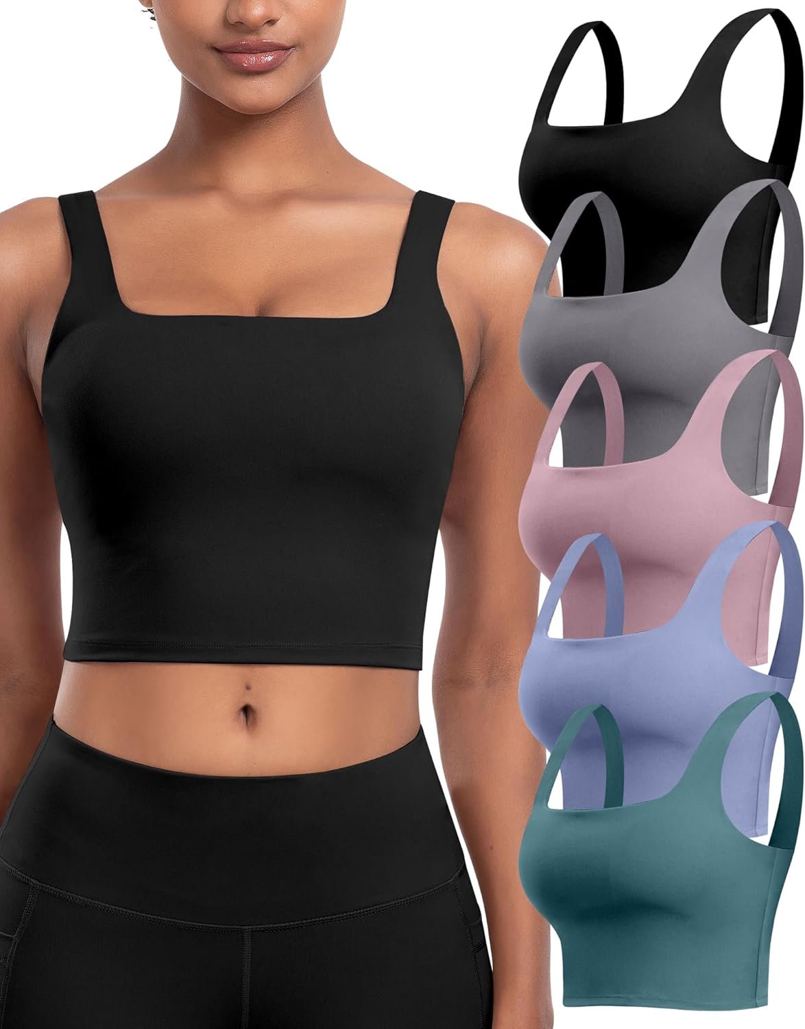 Womens Sports Bras 5 Packs – Square Neck Longline Workout Crop Tank Tops Padded Yoga Camisole with Built in Pads