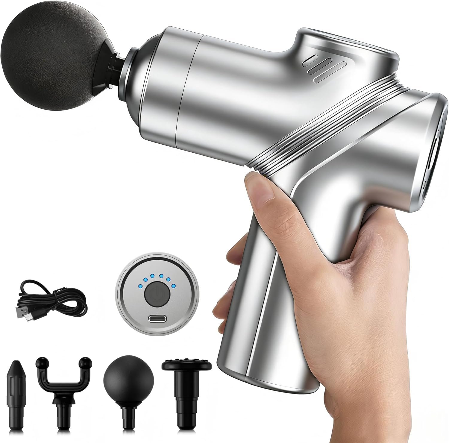 LEERCON Massage Gun Deep Tissue, Silent Brushless Motor and Portable Massage Gun with 4 Interchangeable Heads for Deep Muscle Relief and Relaxation, Relax Gift,Silver
