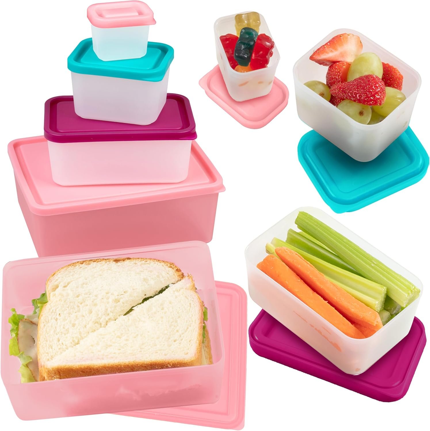 Bentology Snack Buddies – Mini Bento Snack Lunch Box w 4 Portion Control Meal Containers and Lids – BPA, PVC Free, Food Safe – On-the-Go lunchbox – Pink